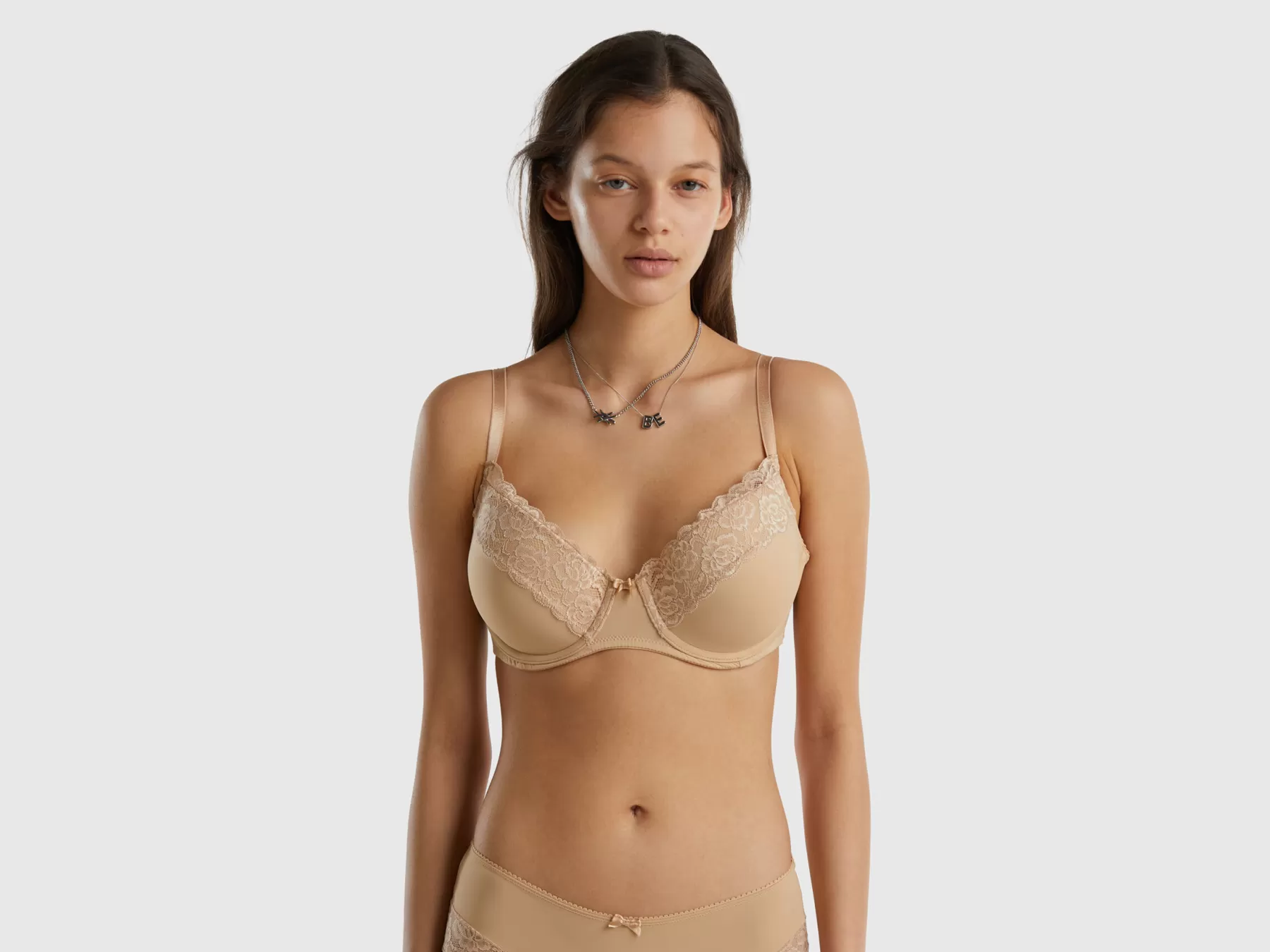 Benetton Reggiseno Imbottito Con Pizzo E Fiocco Rosa Carne Discount