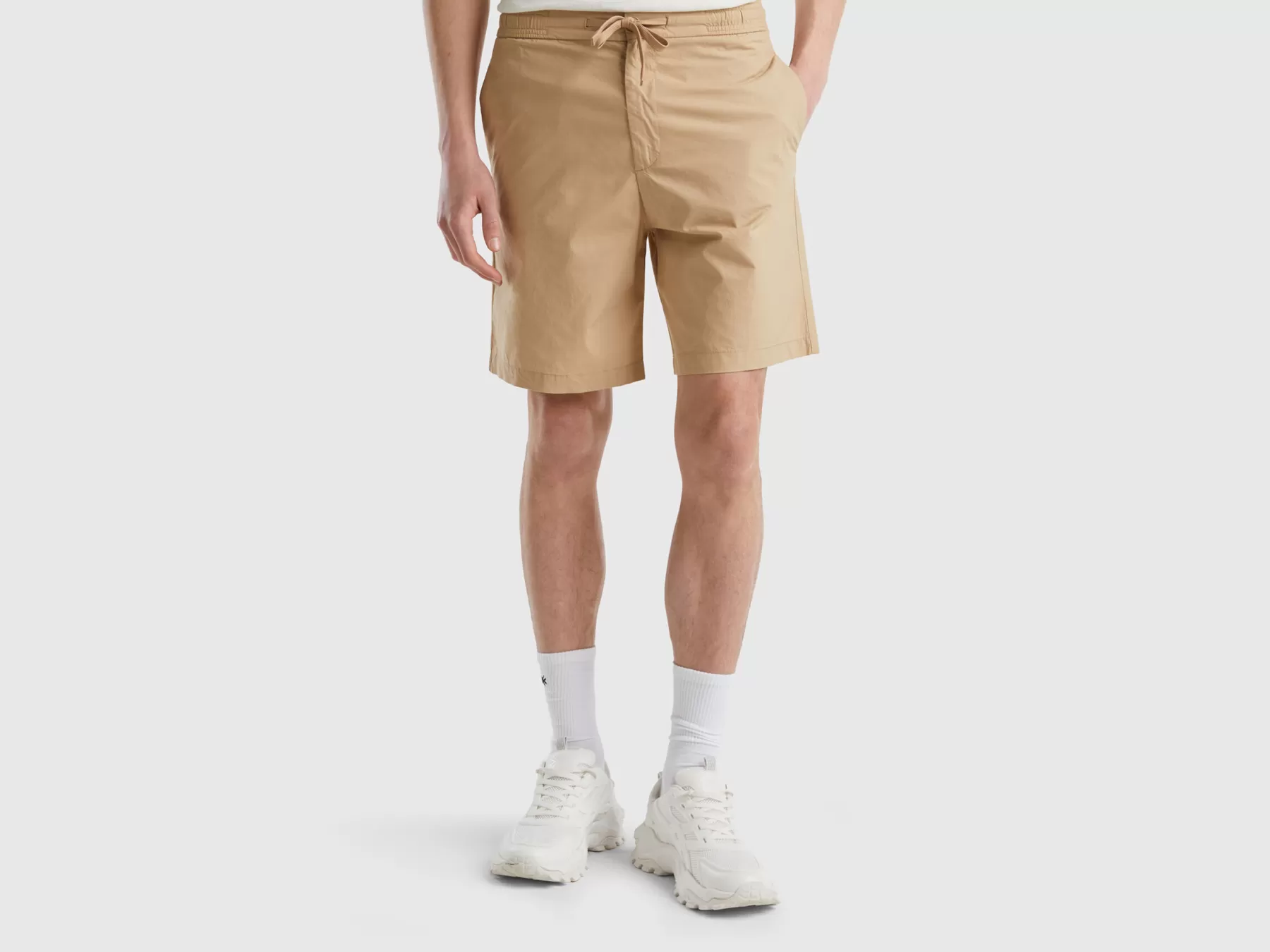 Benetton Shorts In Tela Con Coulisse Beige New