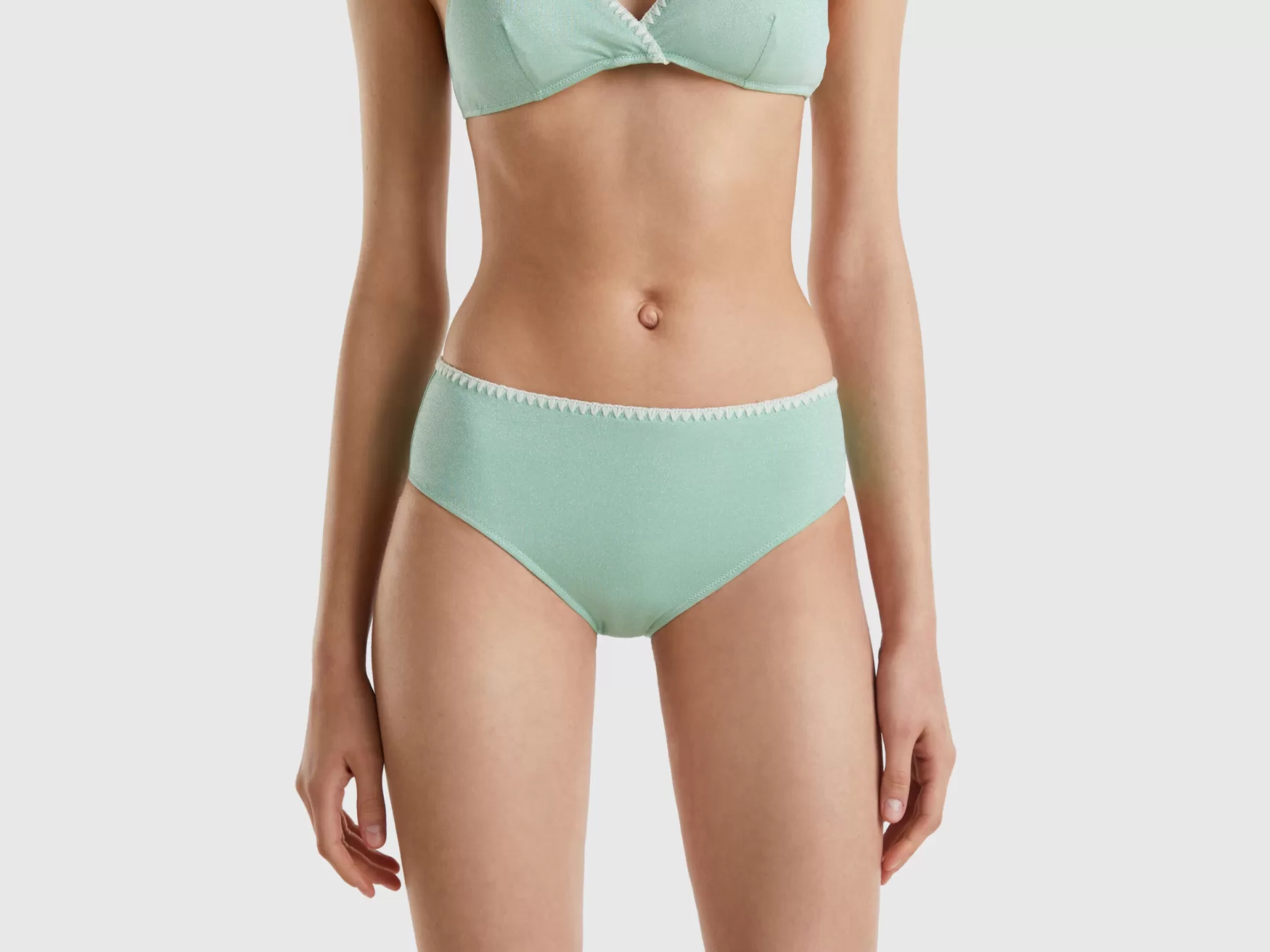 Benetton Slip Mare Fianco Alto Con Lurex E Ricamo Verde Acqua Fashion