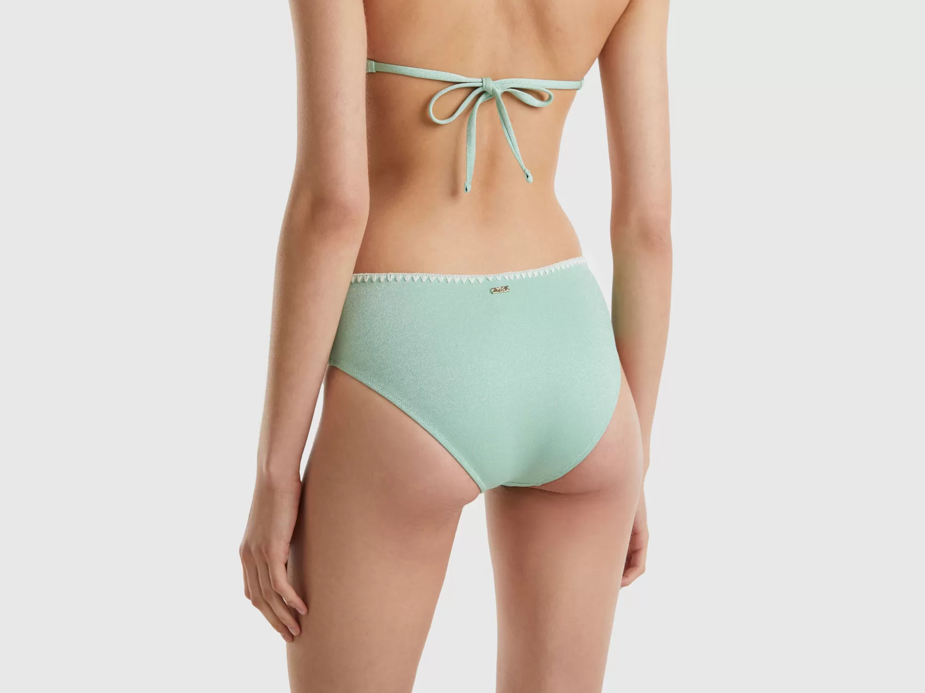 Benetton Slip Mare Fianco Alto Con Lurex E Ricamo Verde Acqua Fashion