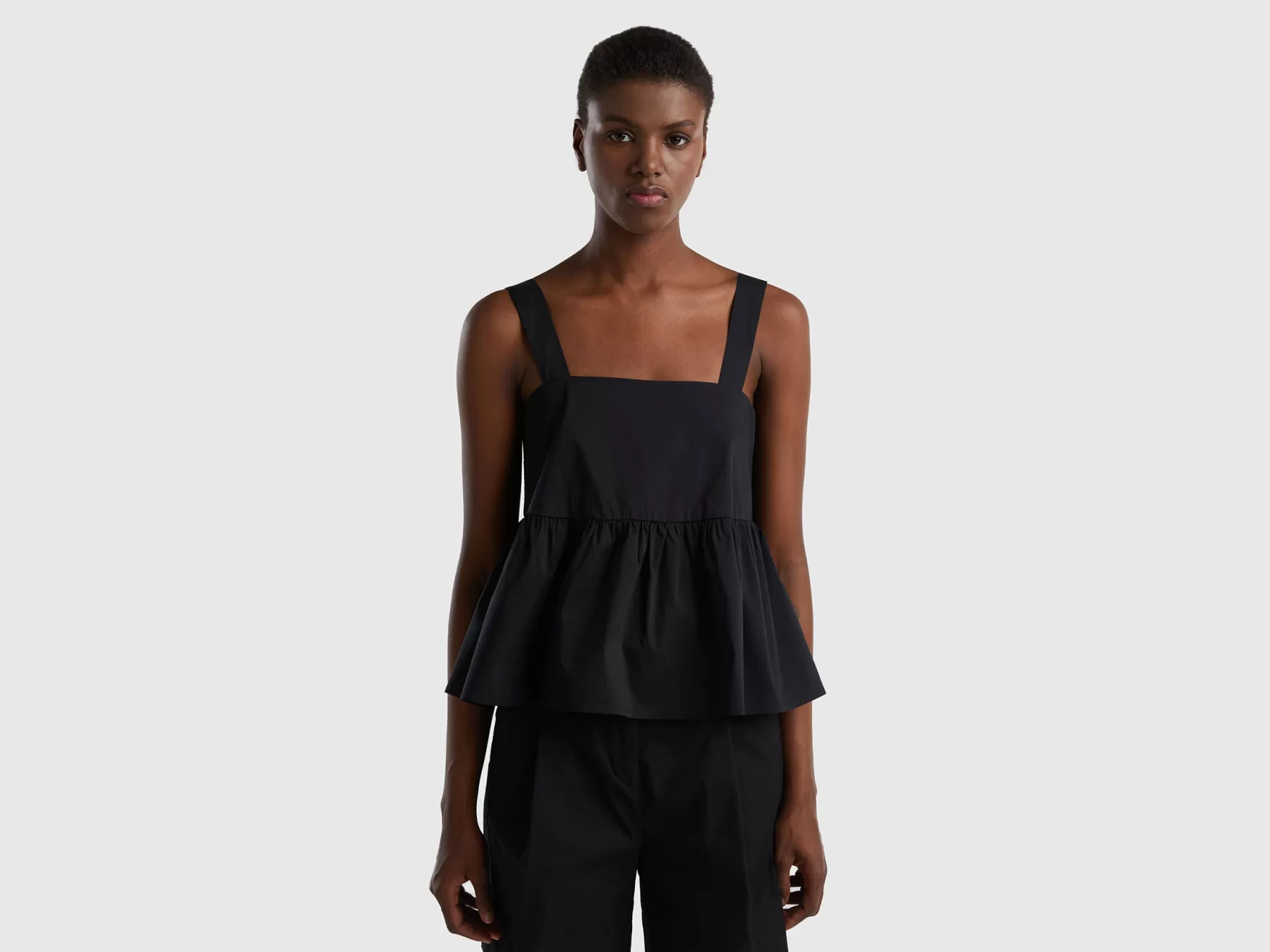 Benetton Top Con Balza In Misto Cotone Stretch Nero Fashion