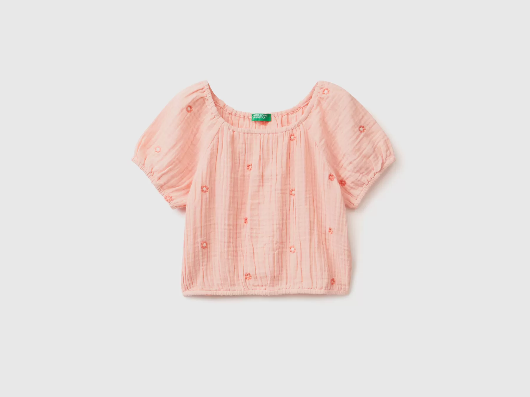 Benetton Top Con Ricamo Fiori Rosa Tenue Clearance