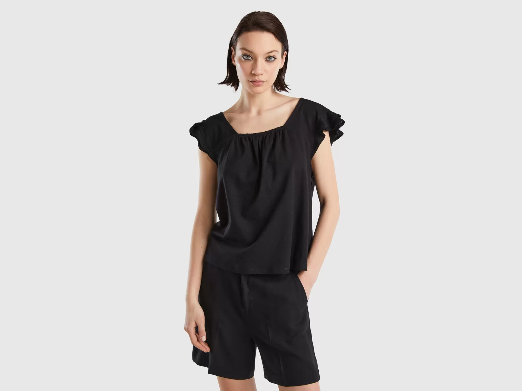 Benetton Top Con Rouches In Misto Lino Nero Shop