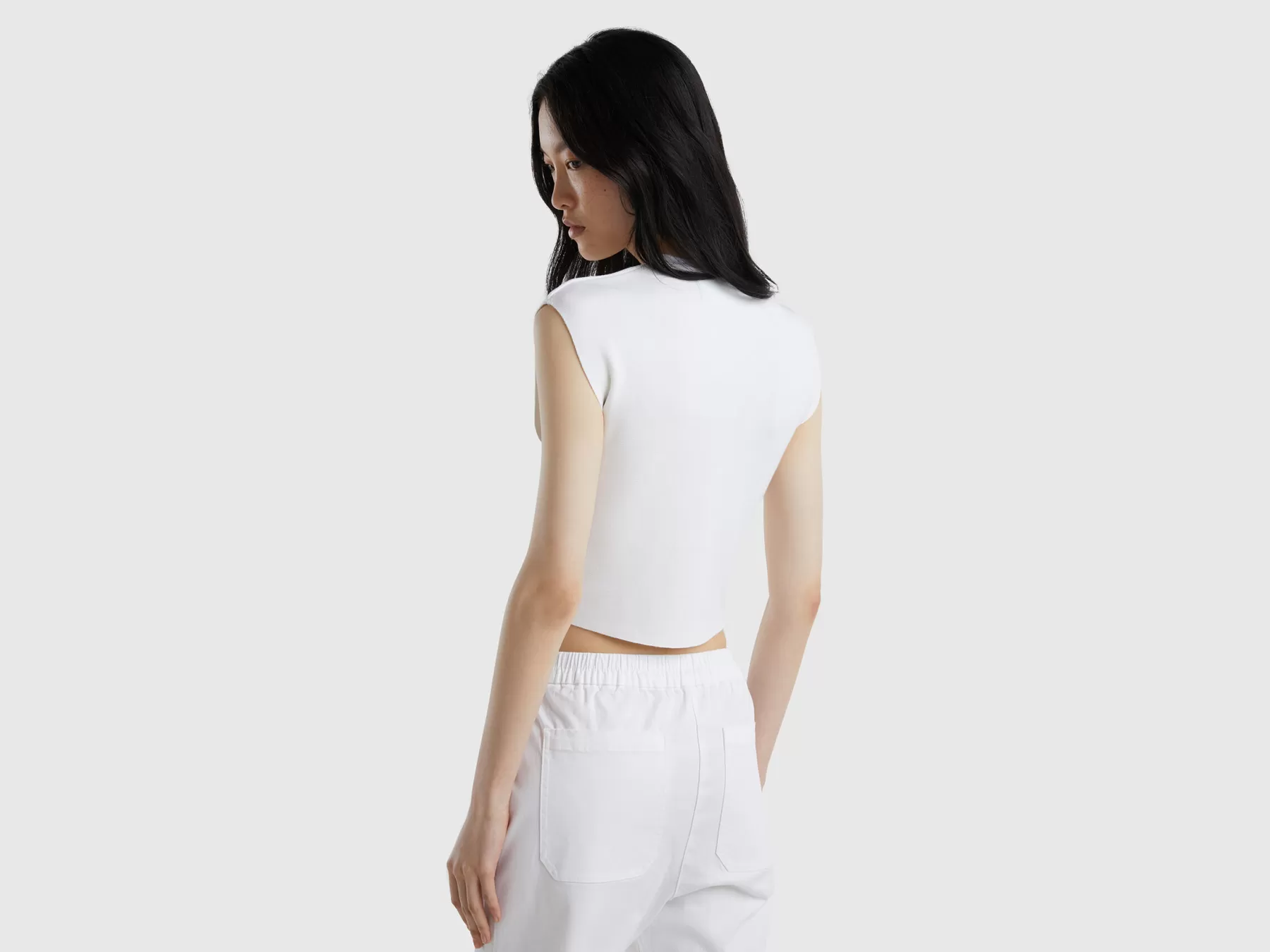 Benetton Top Croppedcon Traforo Bianco Discount