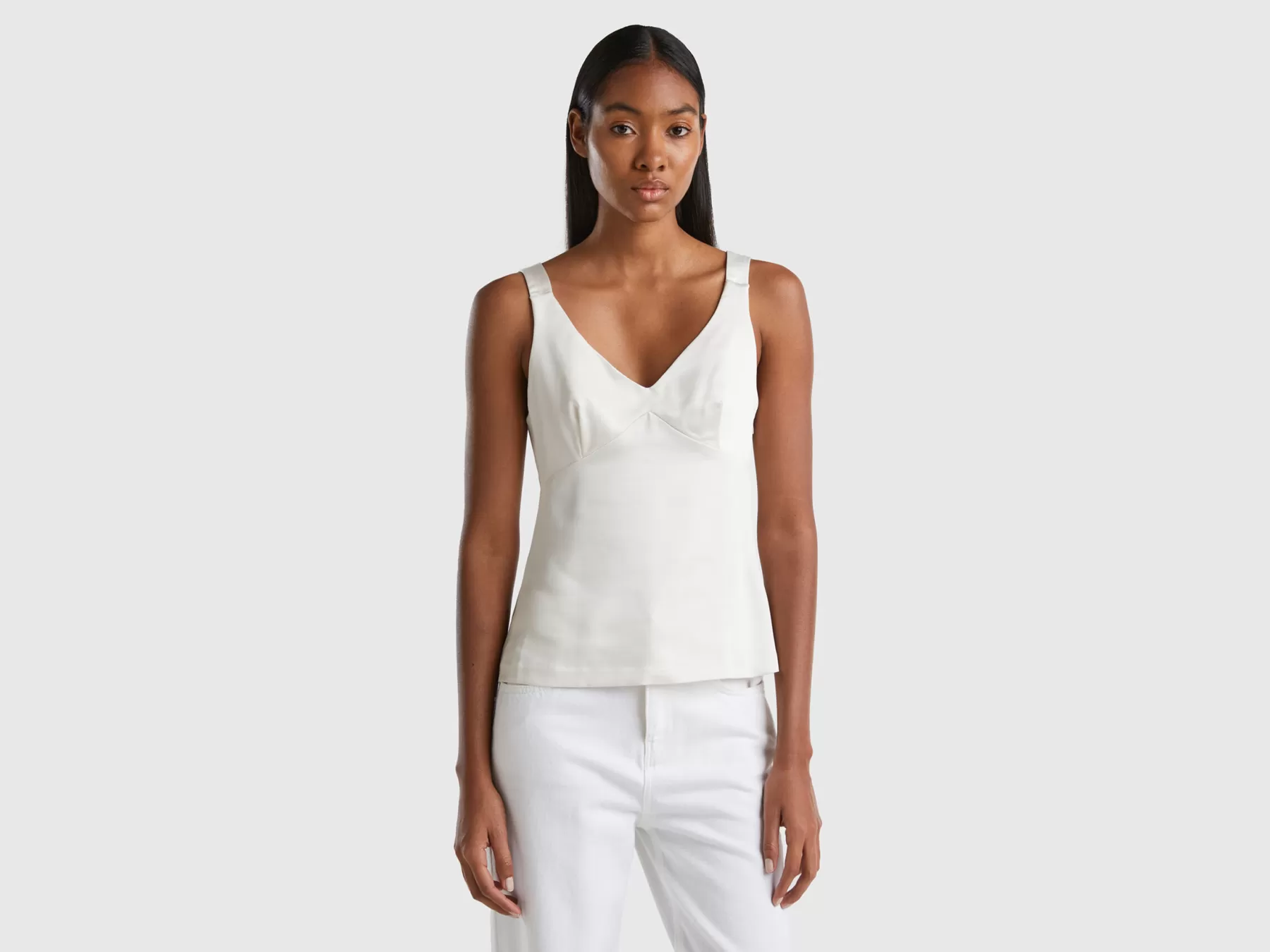 Benetton Top Effetto Satin Bianco Panna New