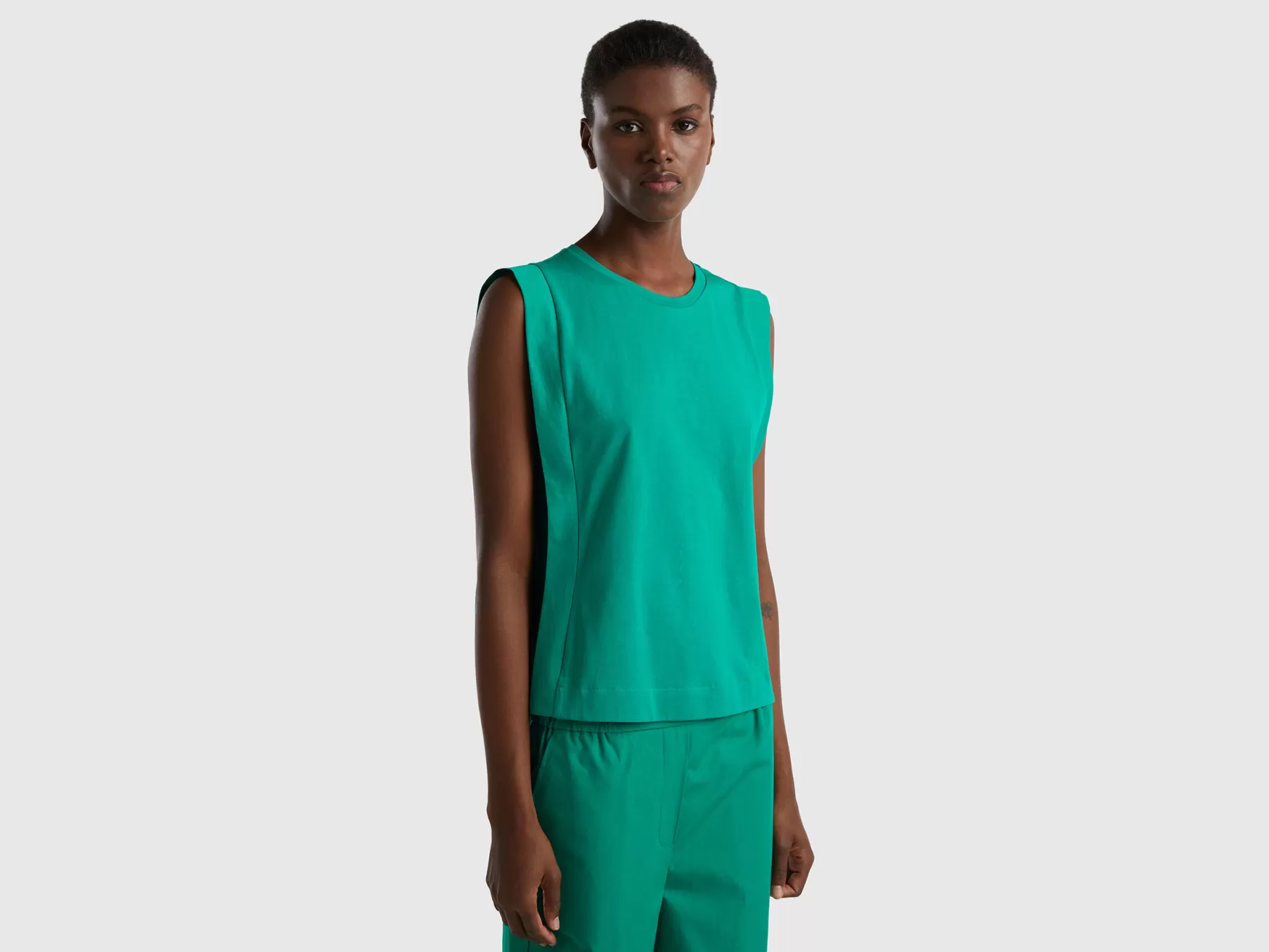 Benetton Top Girocollo 100% Cotone Verde Clearance