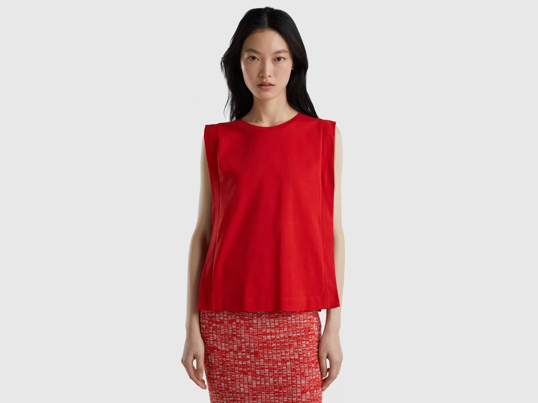 Benetton Top Girocollo 100% Cotone Rosso Outlet