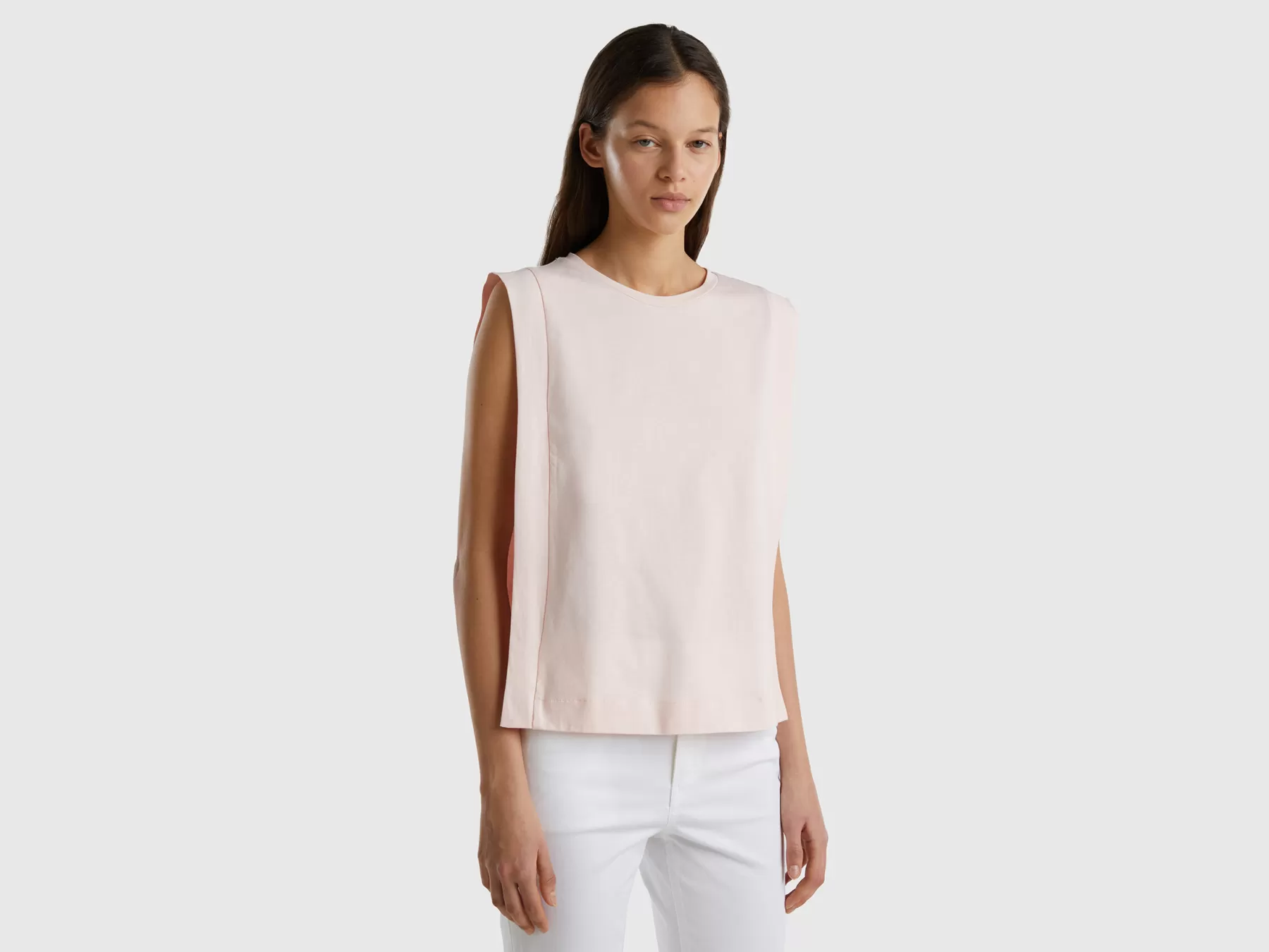 Benetton Top Girocollo 100% Cotone Rosa Tenue Clearance