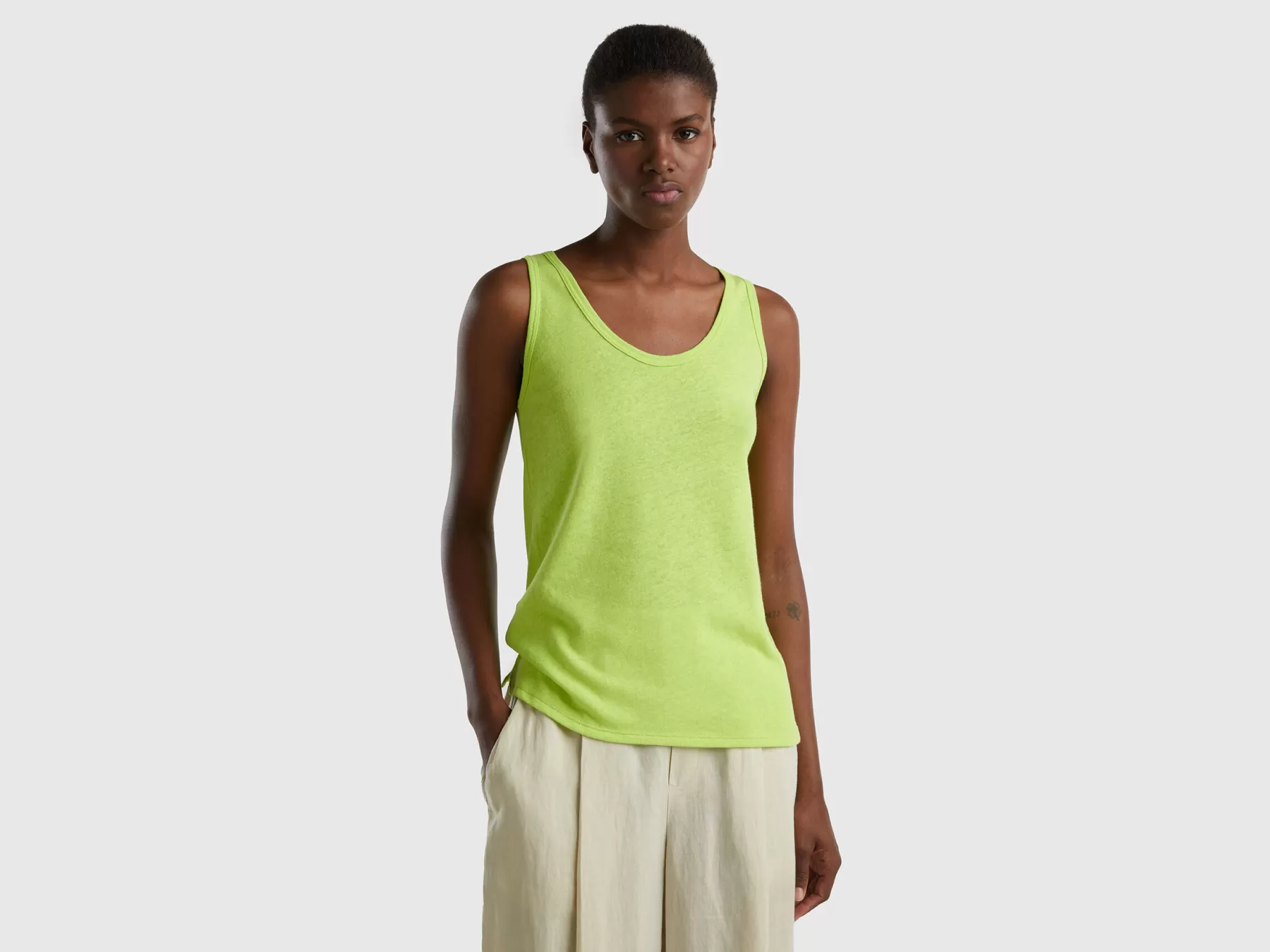 Benetton Top In Misto Lino Verde Fluo Cheap