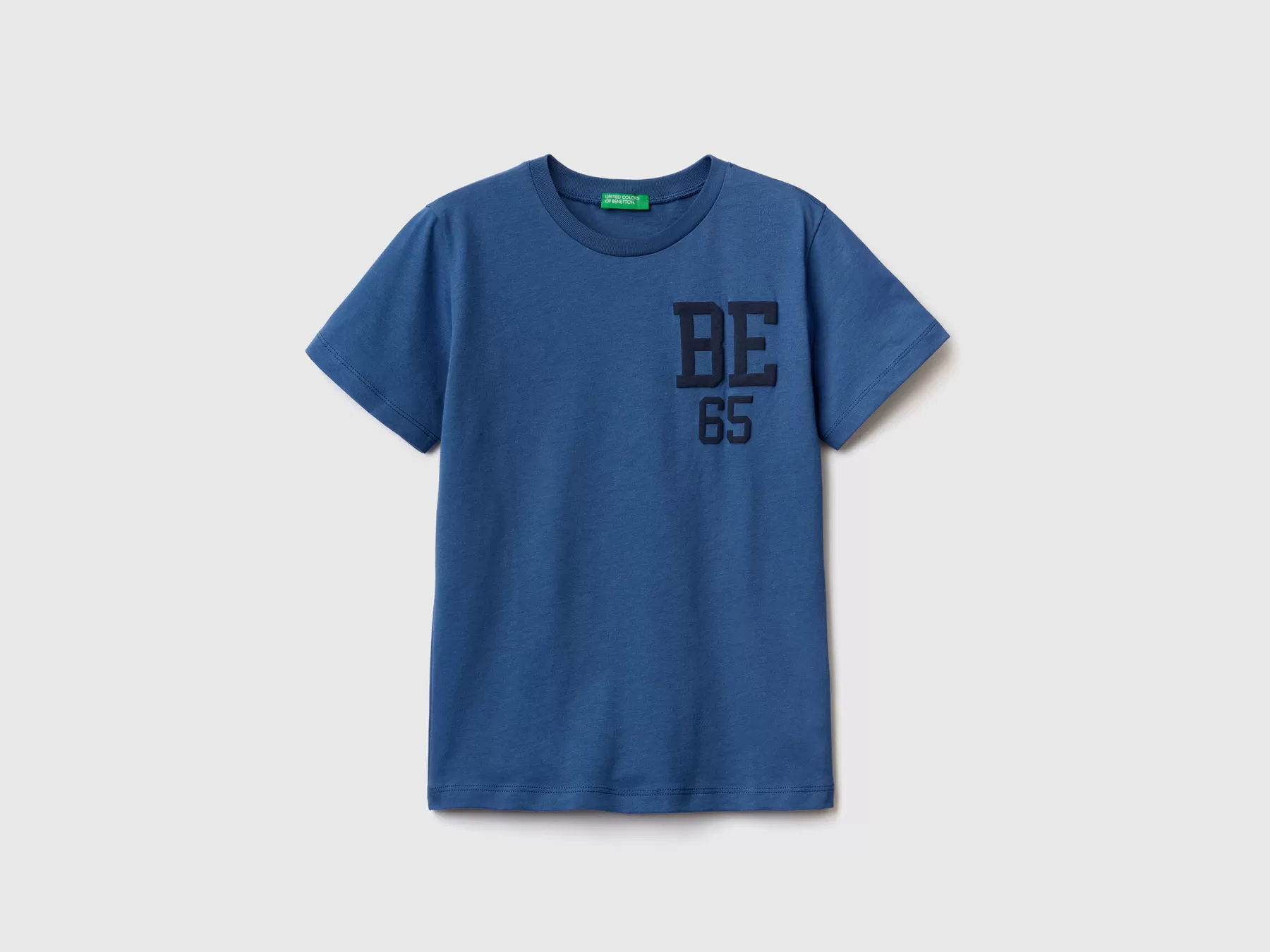 Benetton T-Shirt 100% Cotone Bio Con Logo Bluette New