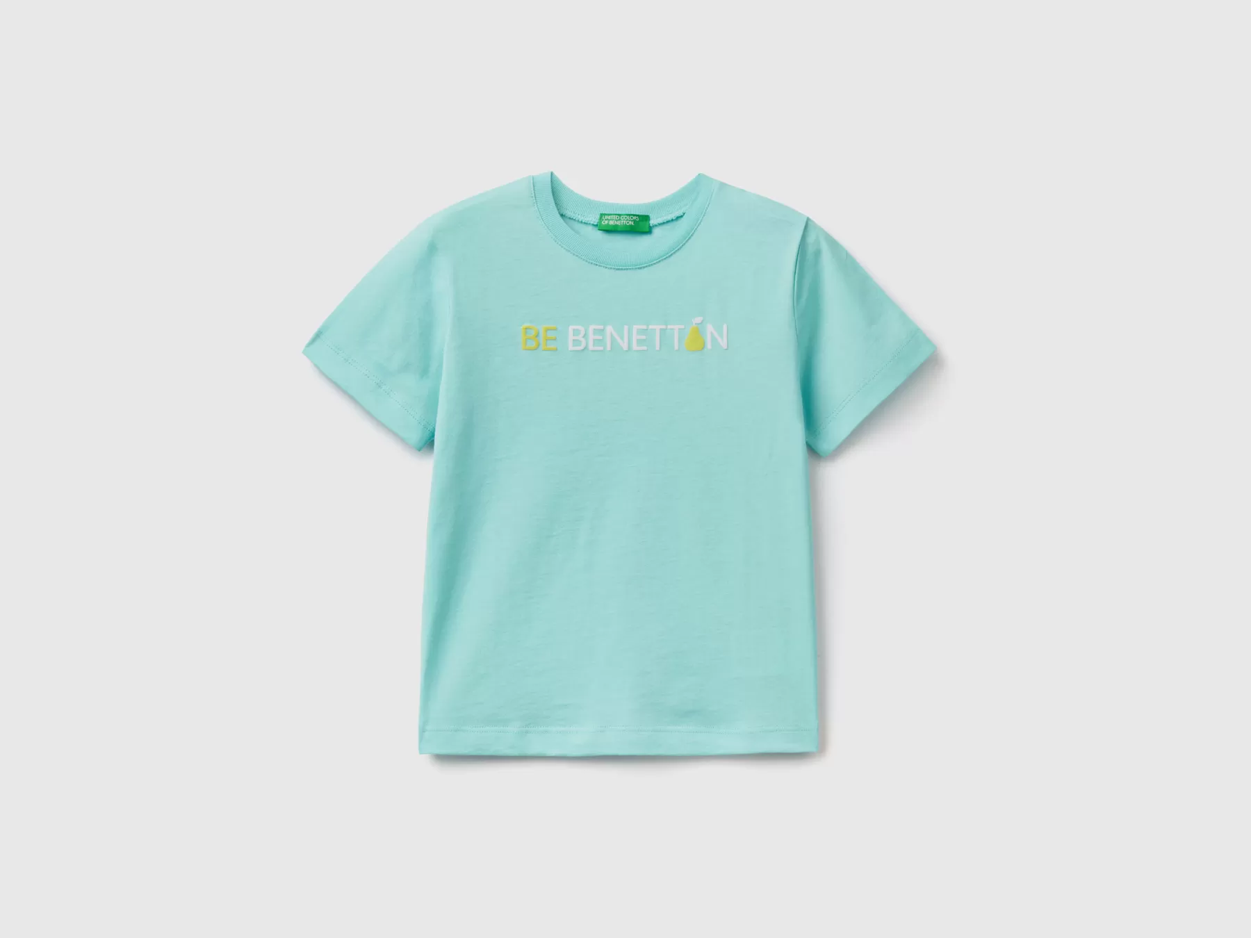 Benetton T-Shirt 100% Cotone Bio Con Logo Azzurro Cheap