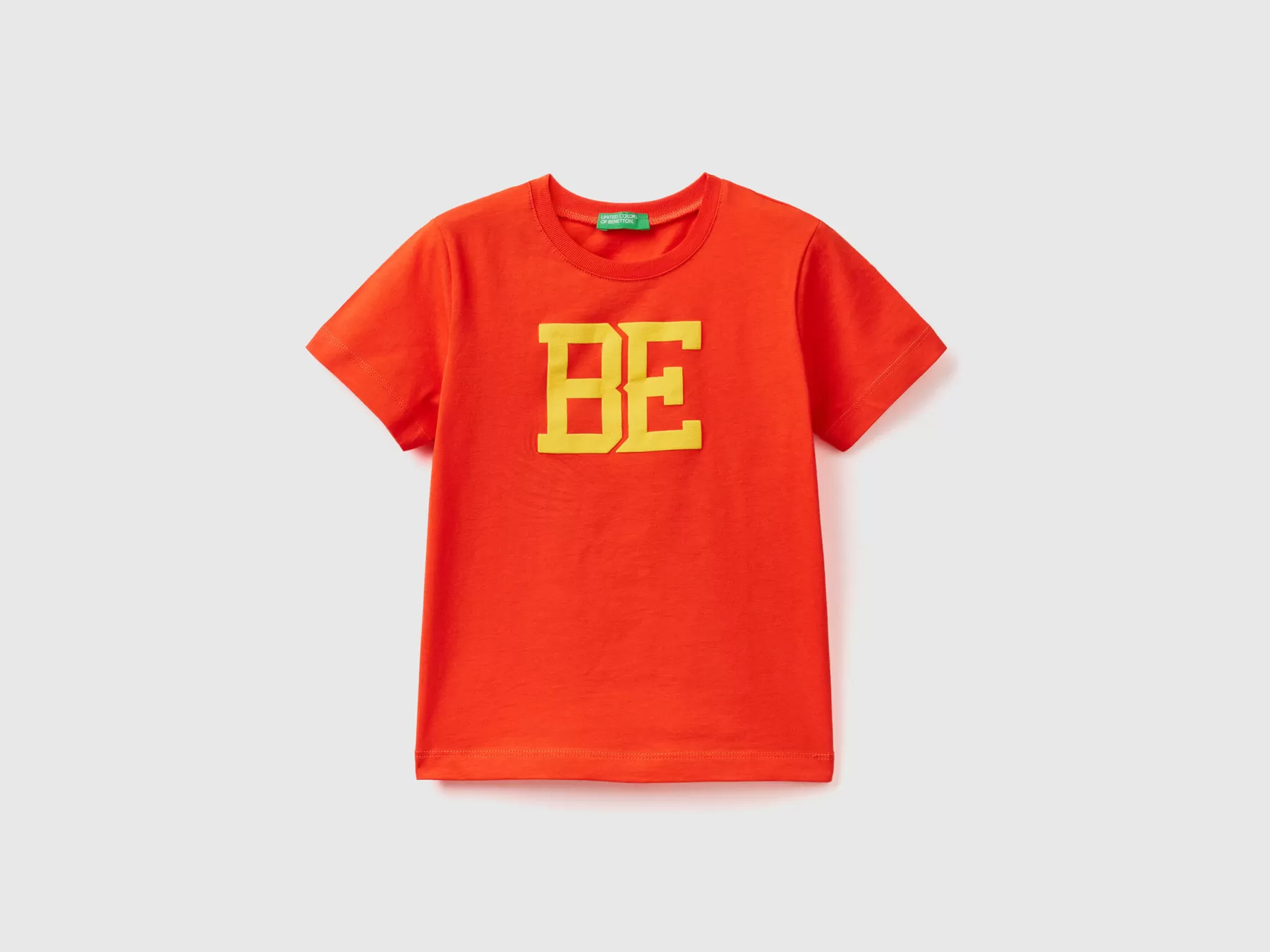 Benetton T-Shirt 100% Cotone Bio Con Logo Rosso Corallo Clearance