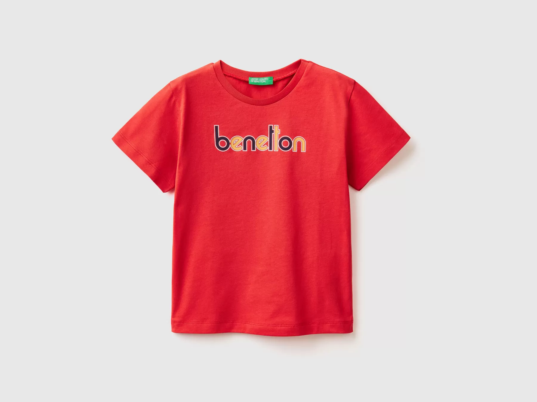 Benetton T-Shirt 100% Cotone Bio Con Stampa Rosso Hot