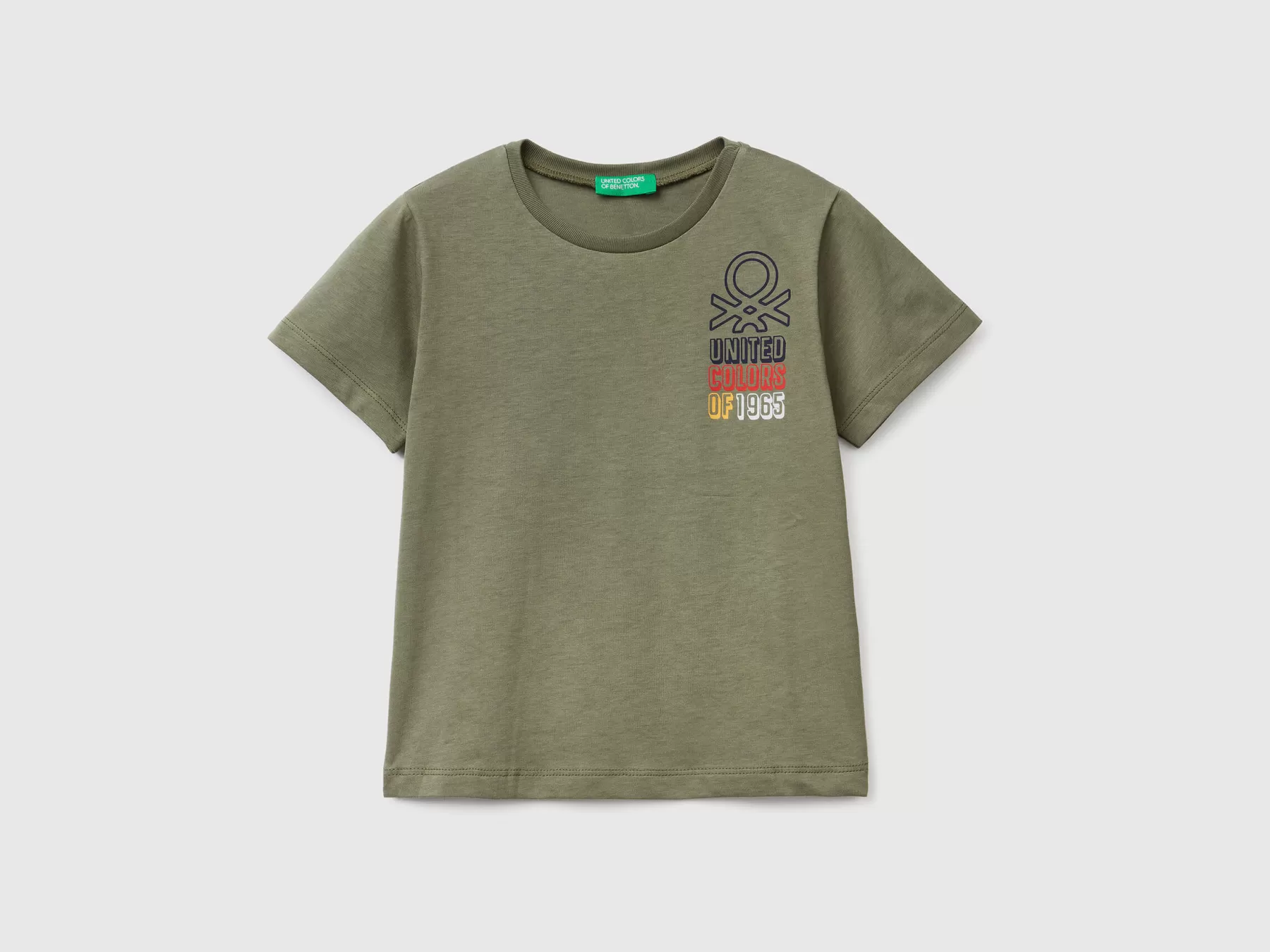 Benetton T-Shirt 100% Cotone Bio Con Stampa Verde Militare Flash Sale