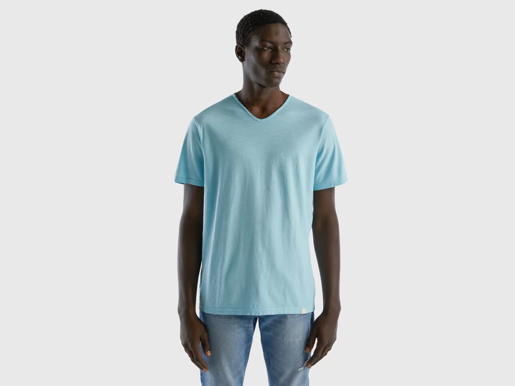 Benetton T-Shirt 100% Cotone Con Scollo A V Turchese Store