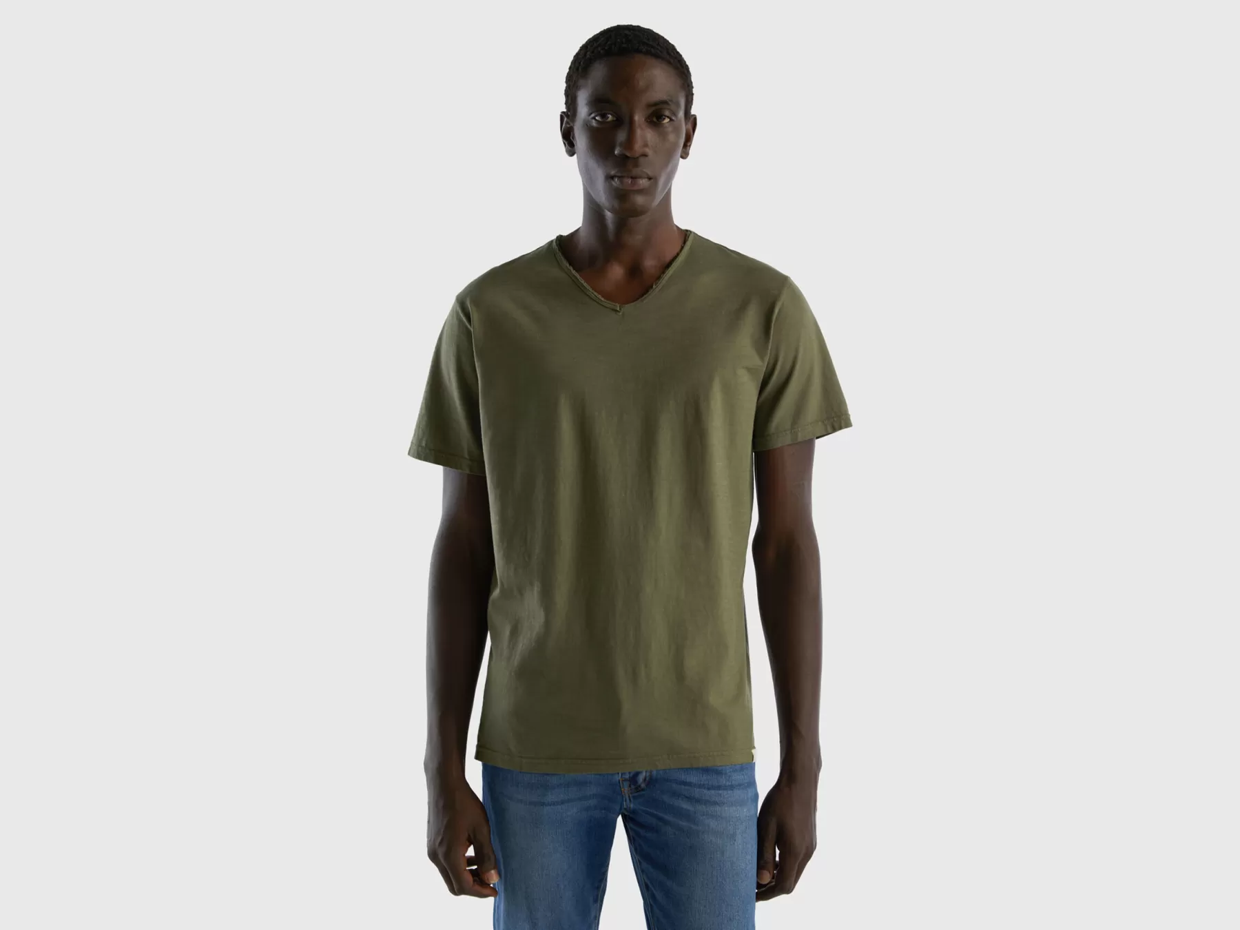 Benetton T-Shirt 100% Cotone Con Scollo A V Verde Militare Hot