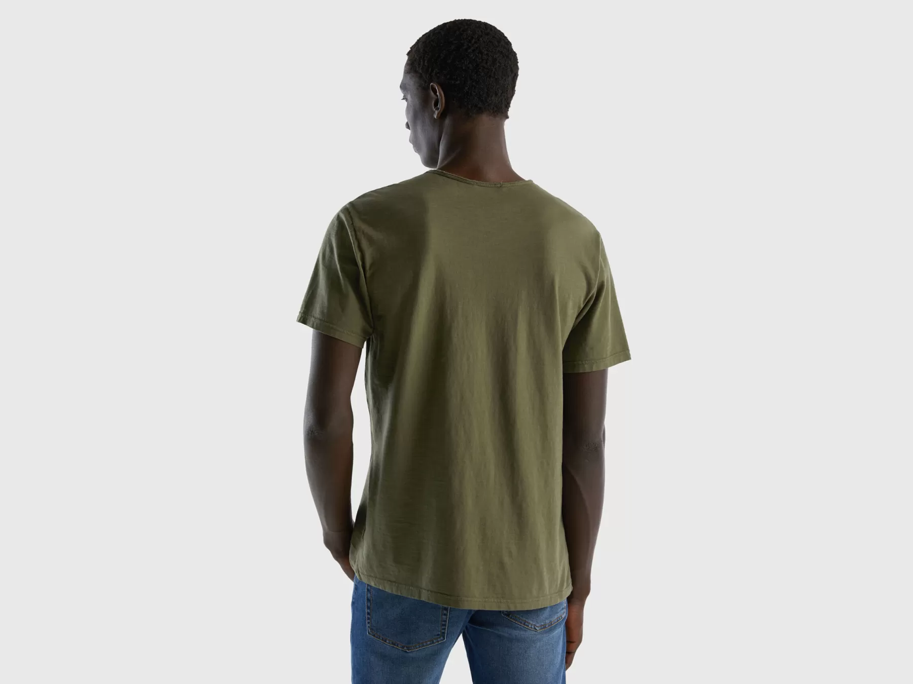 Benetton T-Shirt 100% Cotone Con Scollo A V Verde Militare Hot