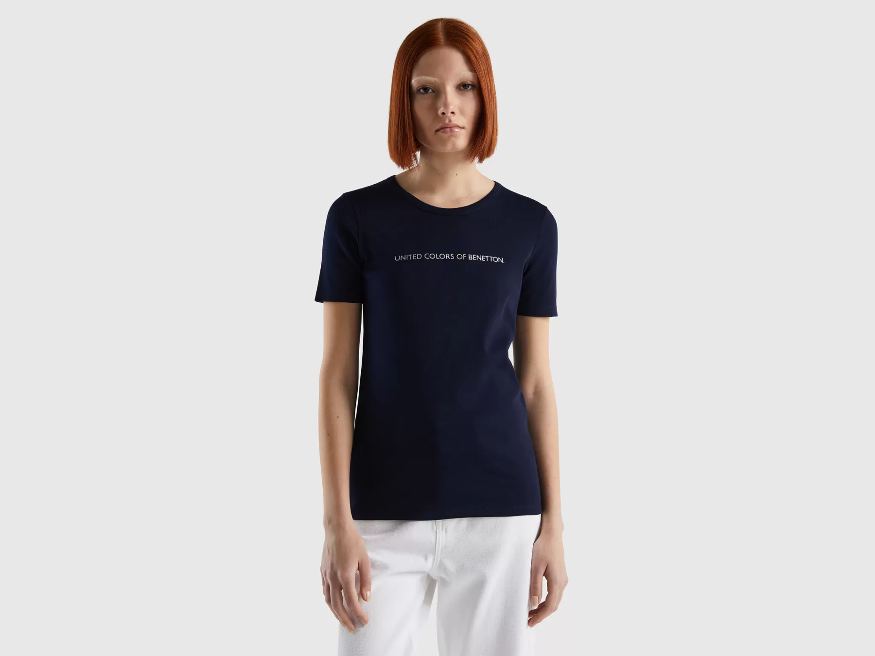 Benetton T-Shirt 100% Cotone Con Stampa Logo Glitter Blu Scuro Sale