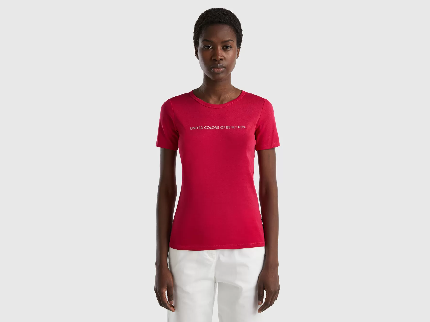 Benetton T-Shirt 100% Cotone Con Stampa Logo Glitter Fucsia Online