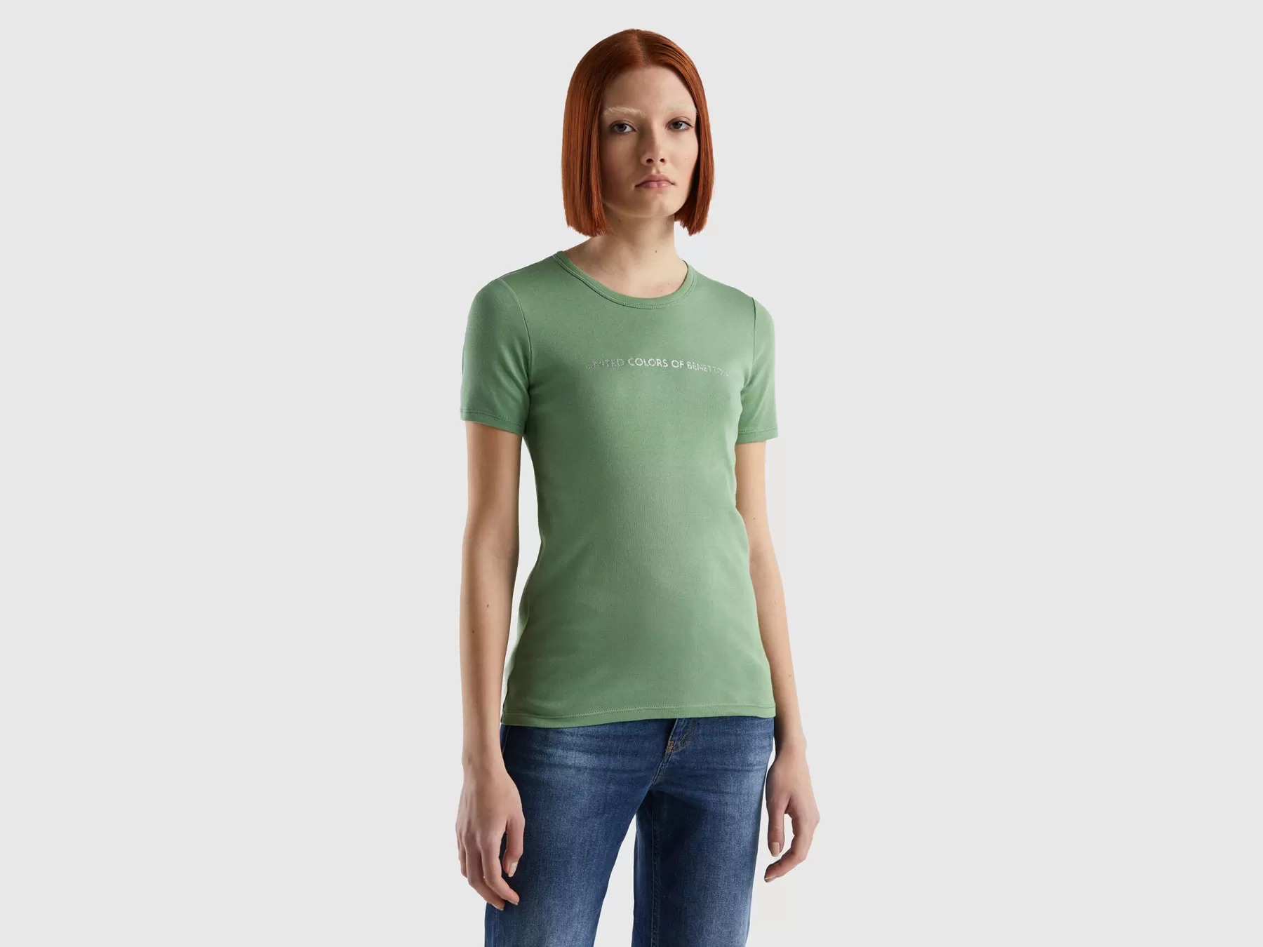 Benetton T-Shirt 100% Cotone Con Stampa Logo Glitter Verde Cheap