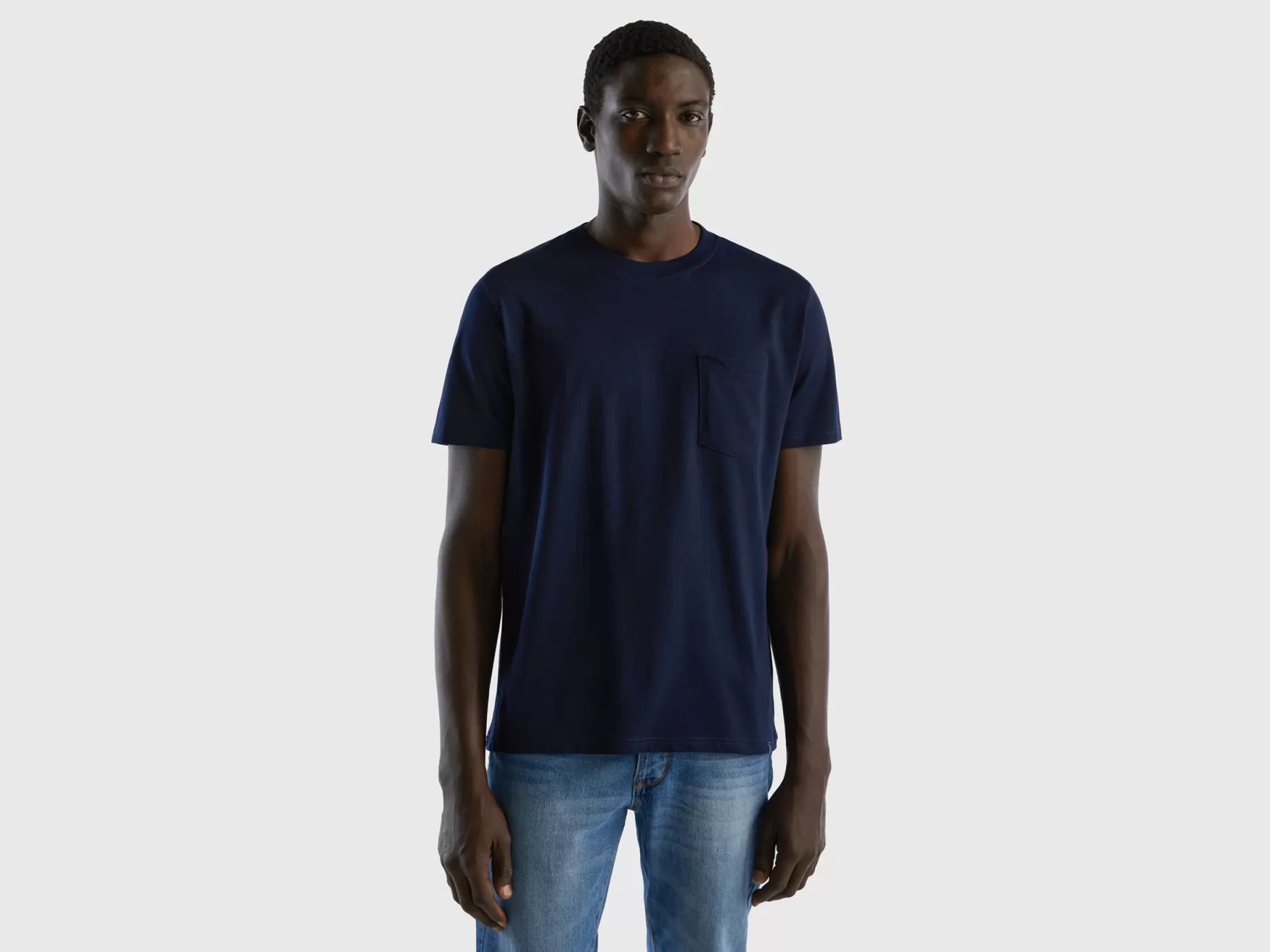 Benetton T-Shirt 100% Cotone Con Taschino Blu Scuro Clearance