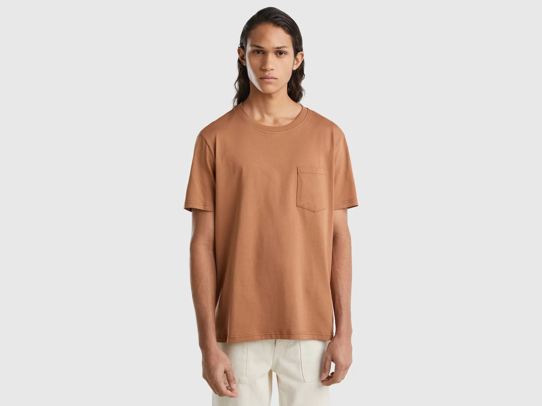 Benetton T-Shirt 100% Cotone Con Taschino Marrone Online