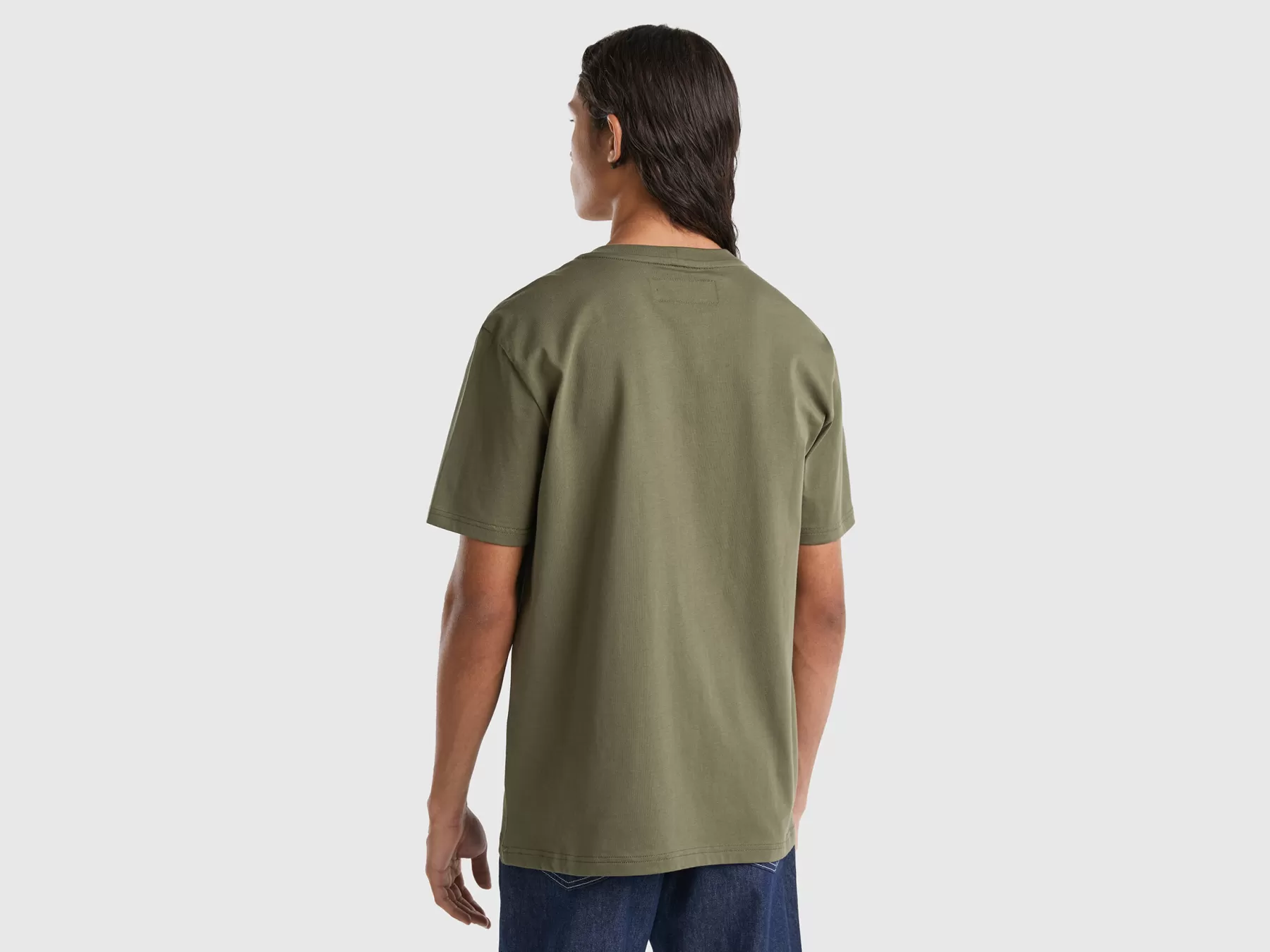 Benetton T-Shirt 100% Cotone Con Taschino Verde Militare Cheap