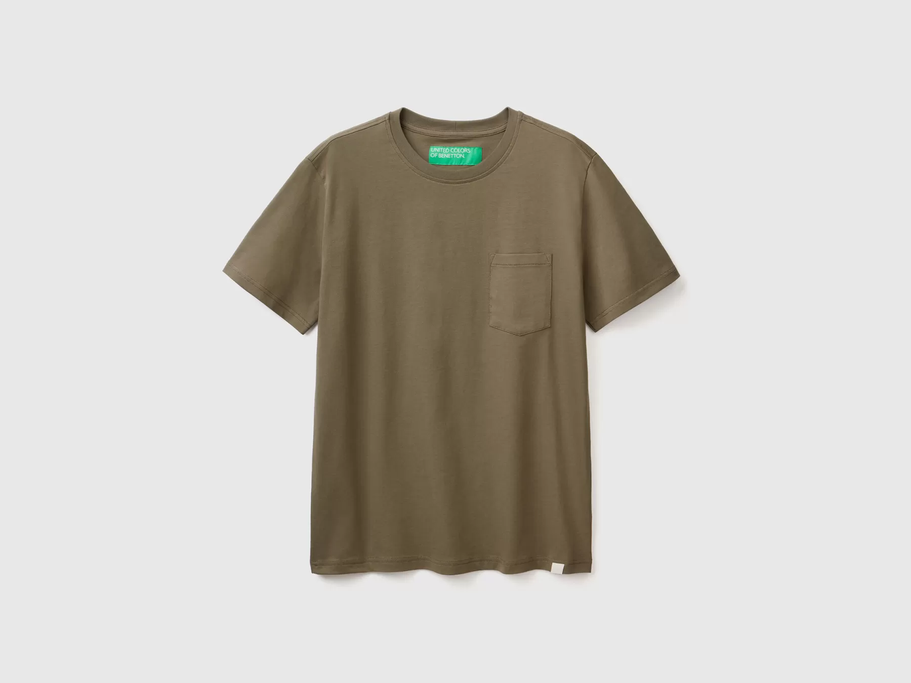 Benetton T-Shirt 100% Cotone Con Taschino Verde Militare Cheap