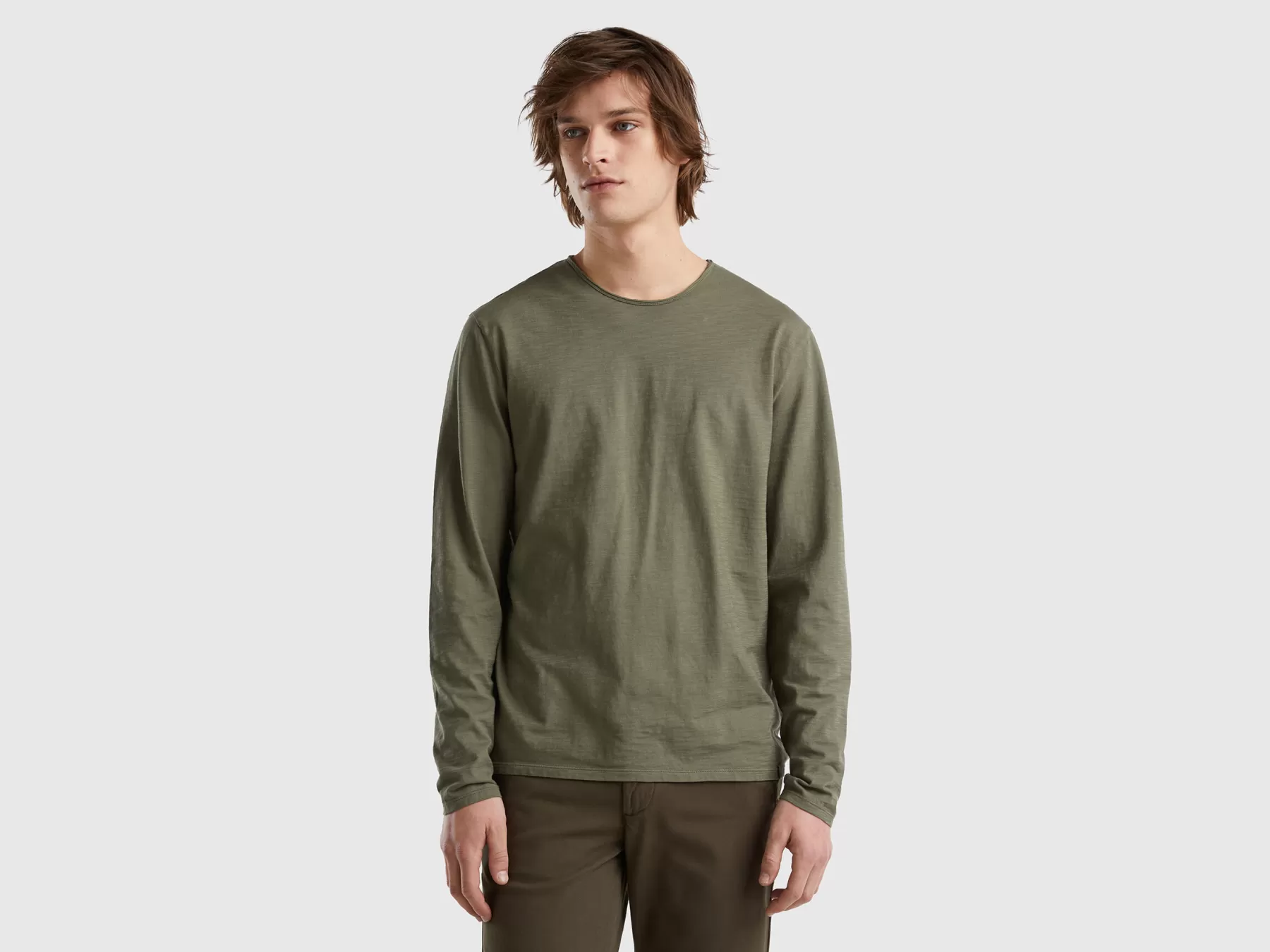 Benetton T-Shirt A Manica Lunga In 100% Cotone Verde Militare Cheap