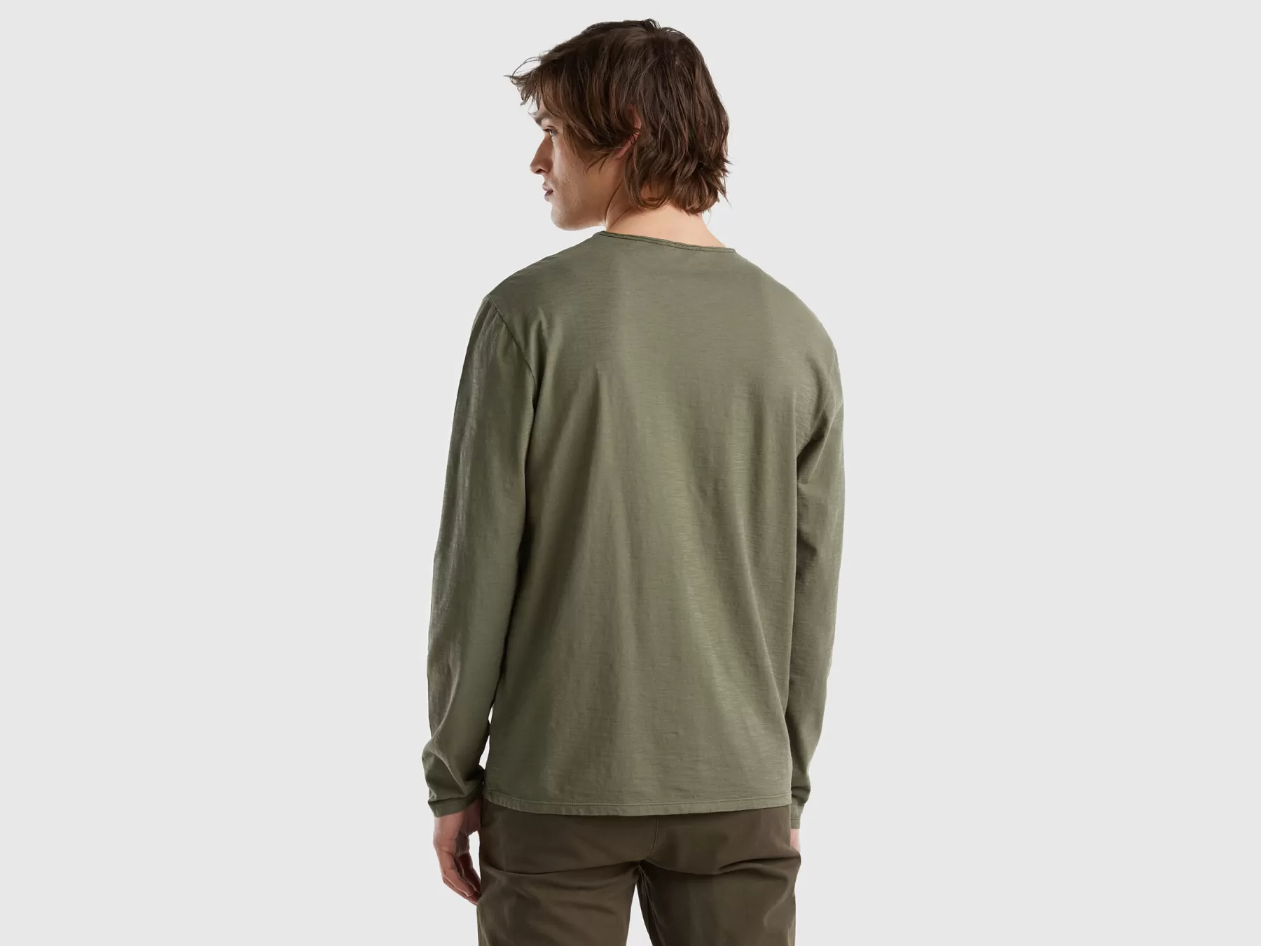 Benetton T-Shirt A Manica Lunga In 100% Cotone Verde Militare Cheap