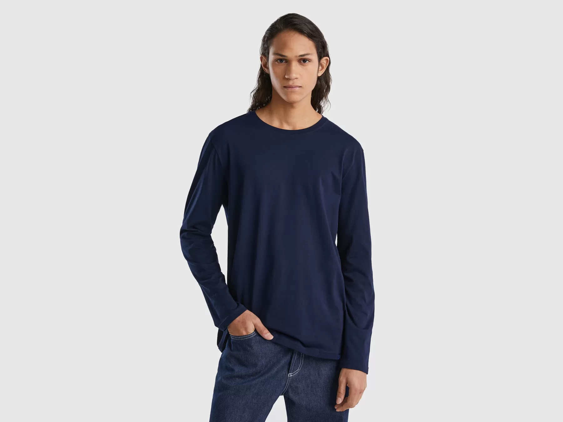 Benetton T-Shirt A Manica Lunga In Puro Cotone Blu Scuro Flash Sale