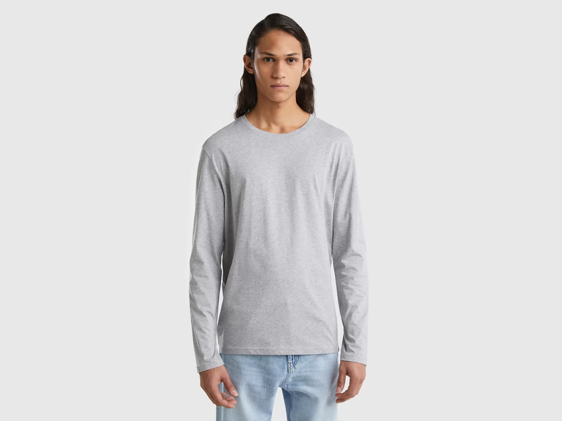 Benetton T-Shirt A Manica Lunga In Puro Cotone Grigio Chiaro Shop