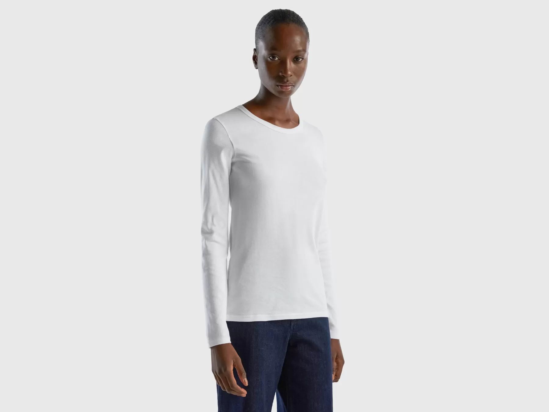 Benetton T-Shirt A Manica Lunga In Puro Cotone Bianco Discount