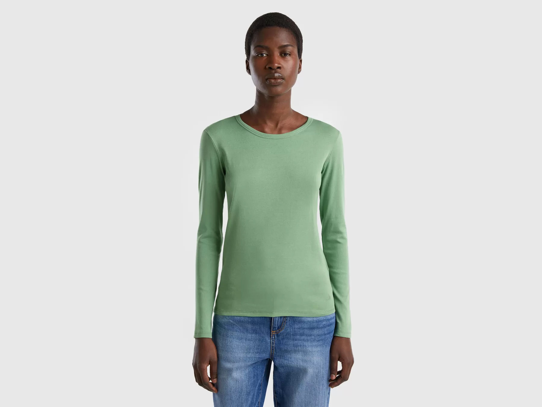 Benetton T-Shirt A Manica Lunga In Puro Cotone Verde Fashion