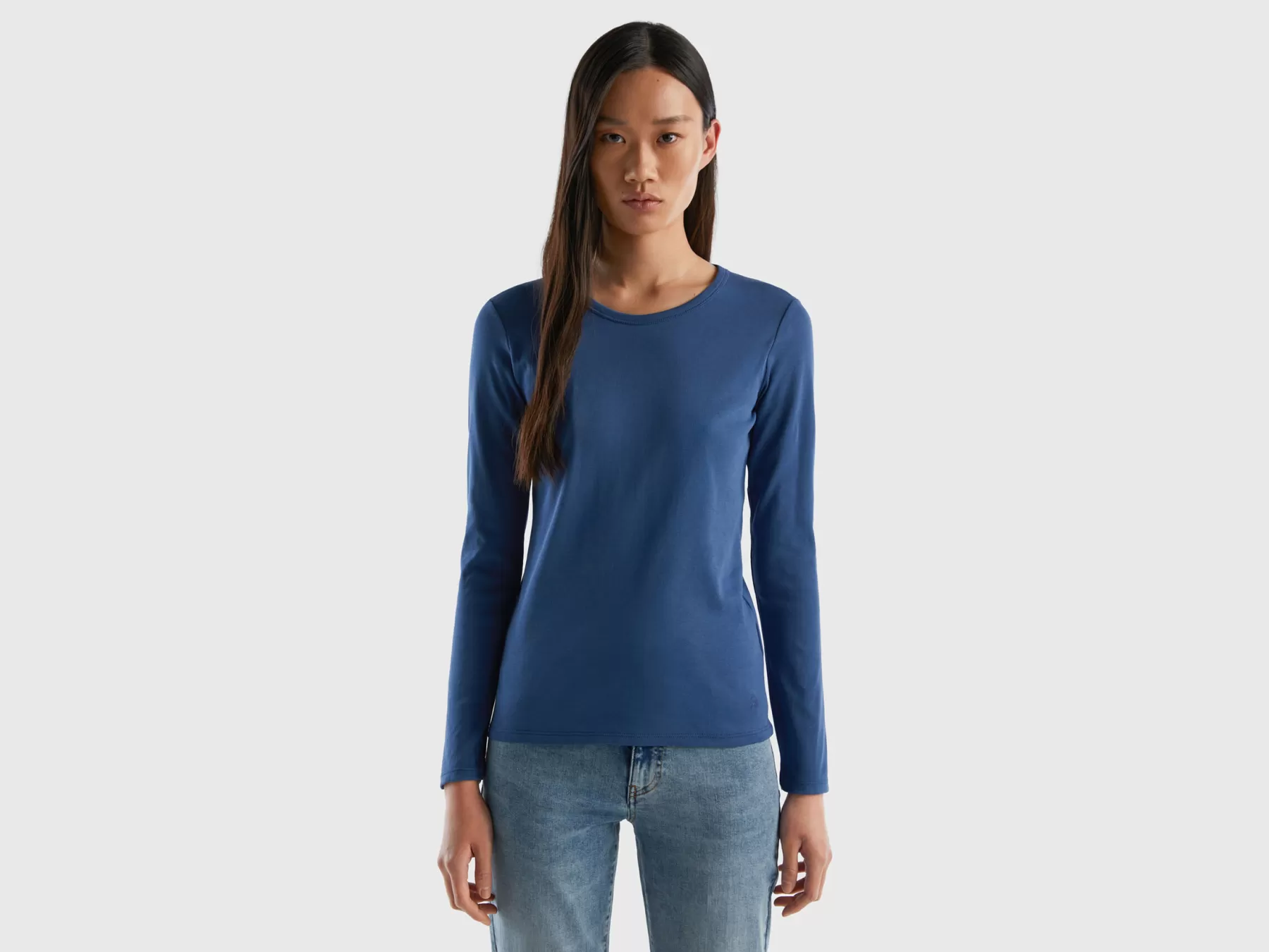 Benetton T-Shirt A Manica Lunga In Puro Cotone Blu Flash Sale