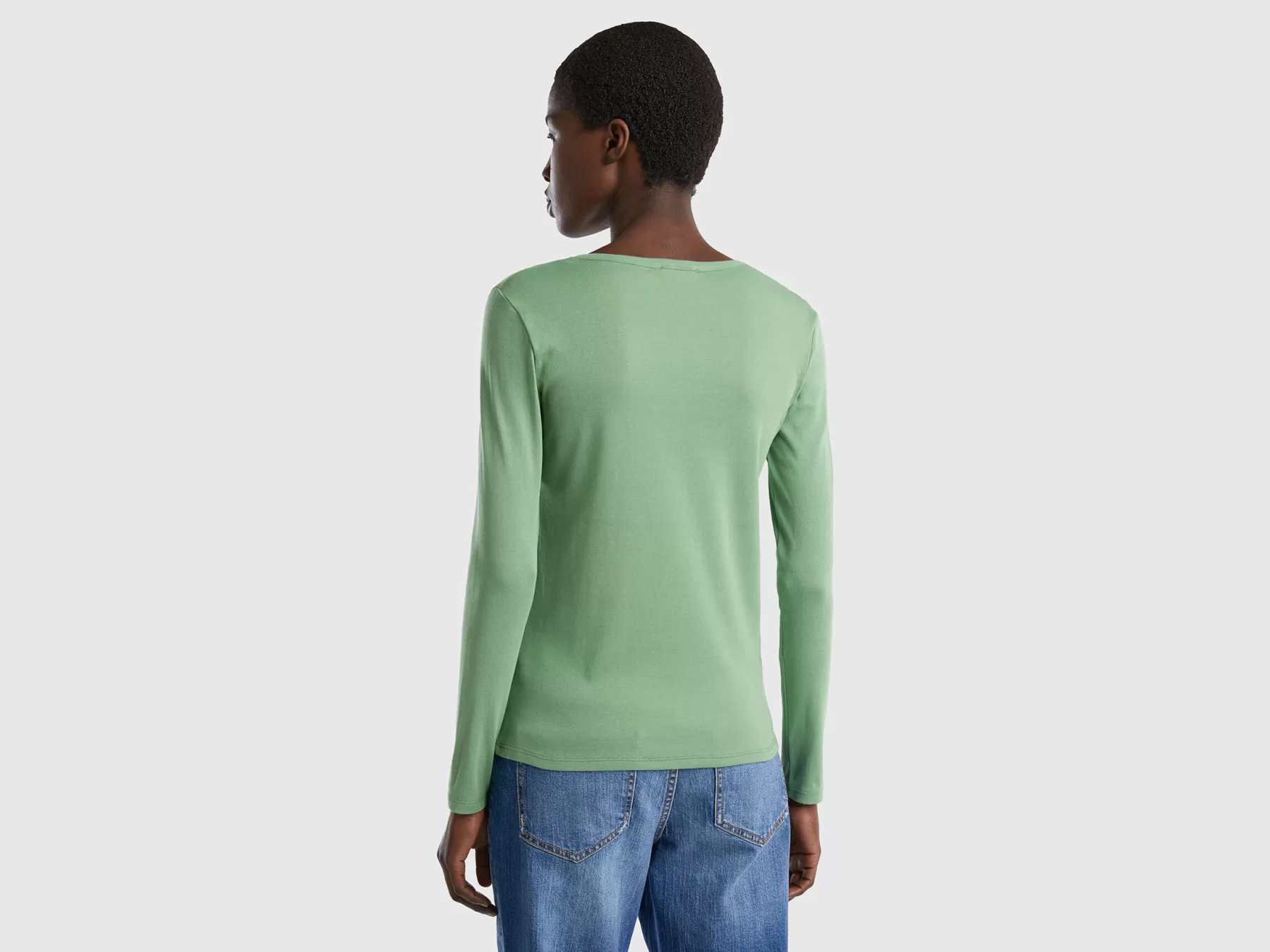 Benetton T-Shirt A Manica Lunga In Puro Cotone Verde Fashion