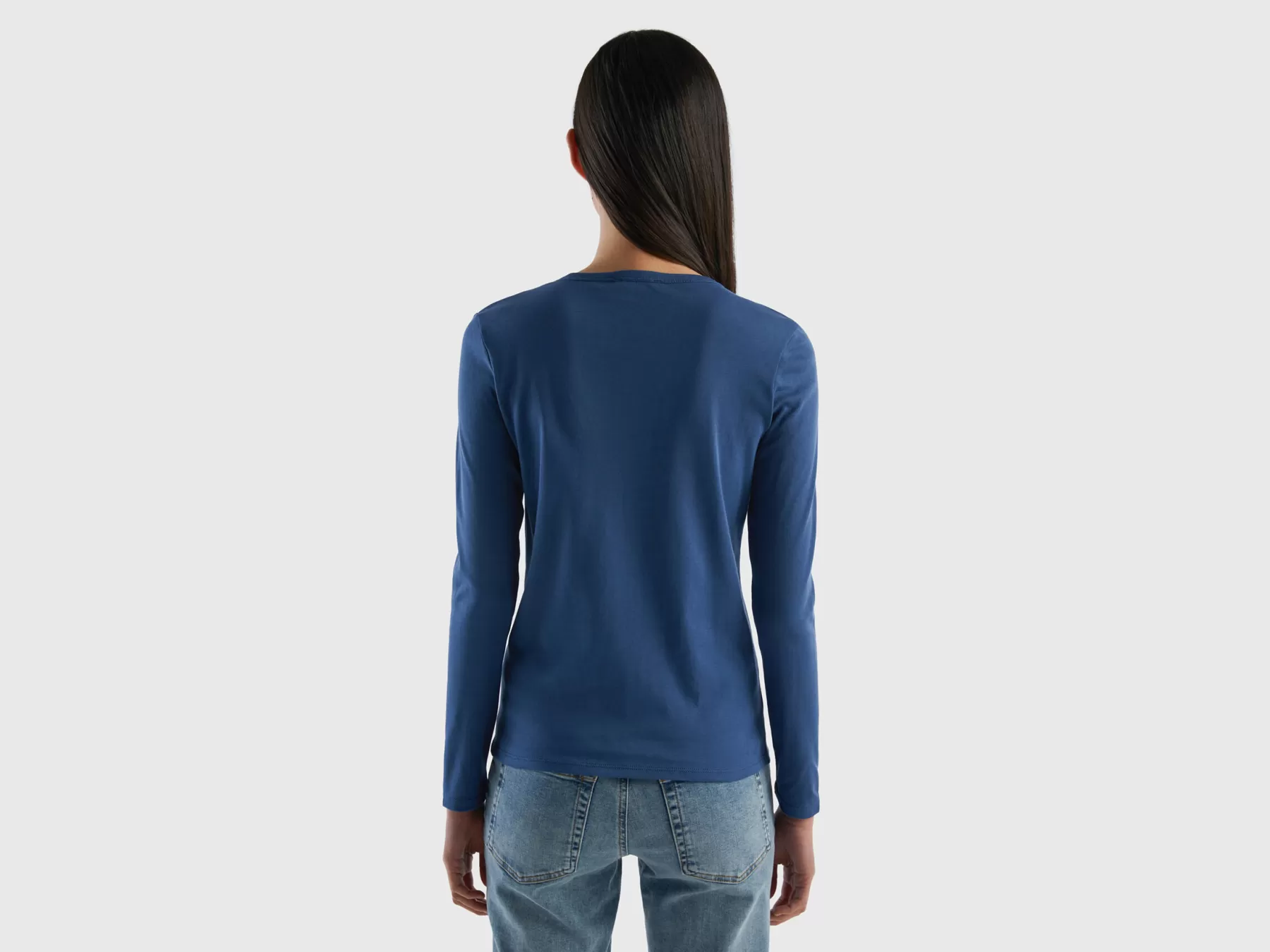 Benetton T-Shirt A Manica Lunga In Puro Cotone Blu Flash Sale