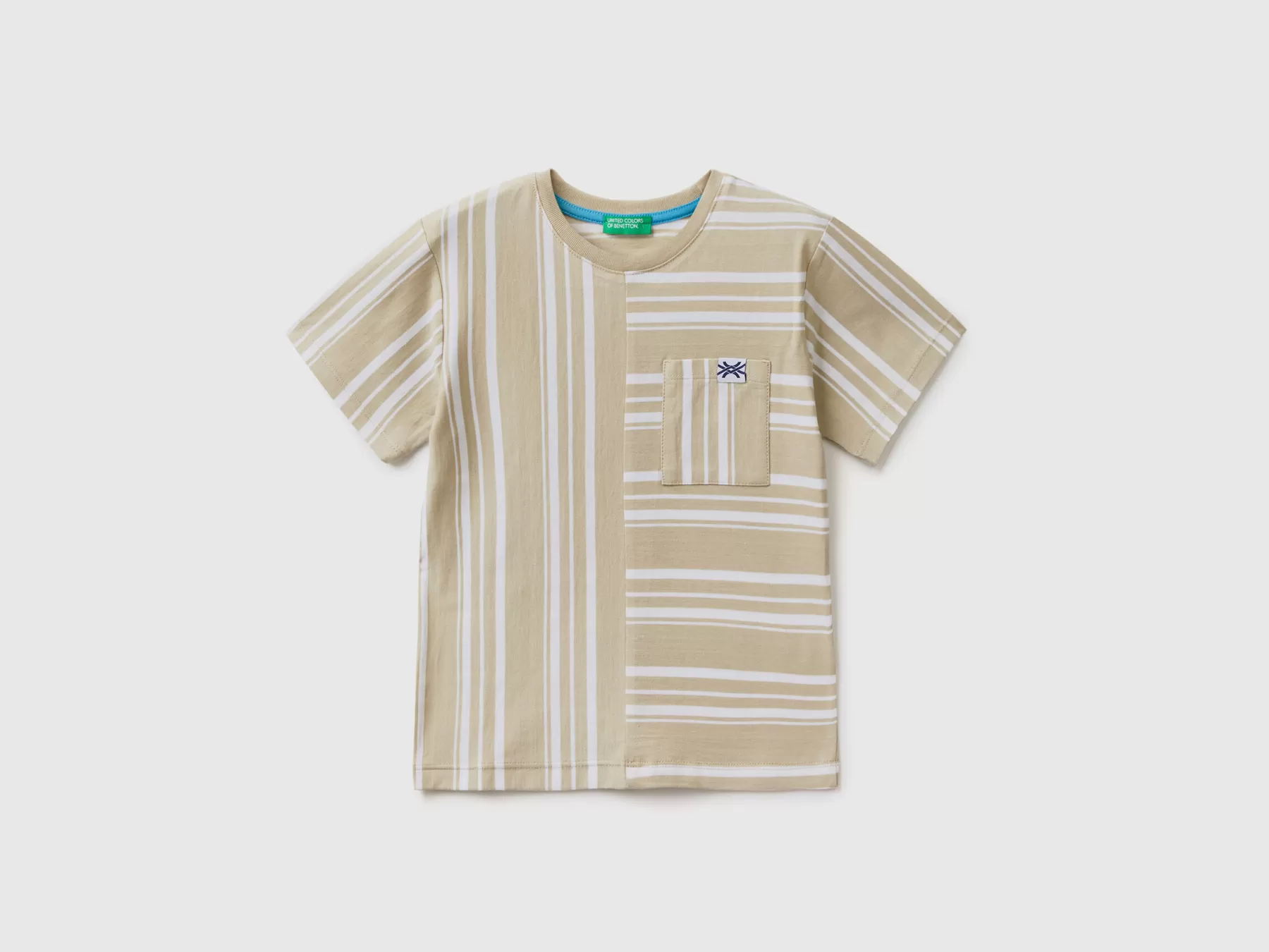 Benetton T-Shirt A Righe Con Taschino Beige Discount