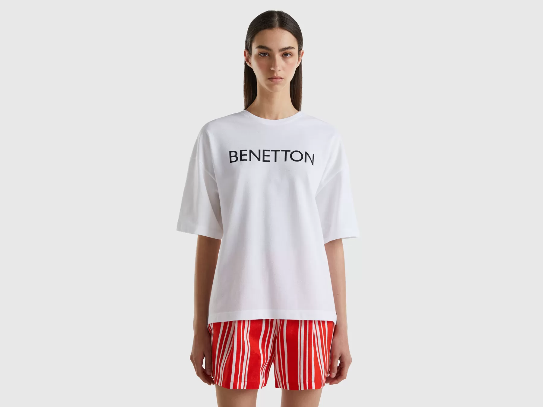 Benetton T-Shirt Bianca Con Stampa Logo Bianco Discount