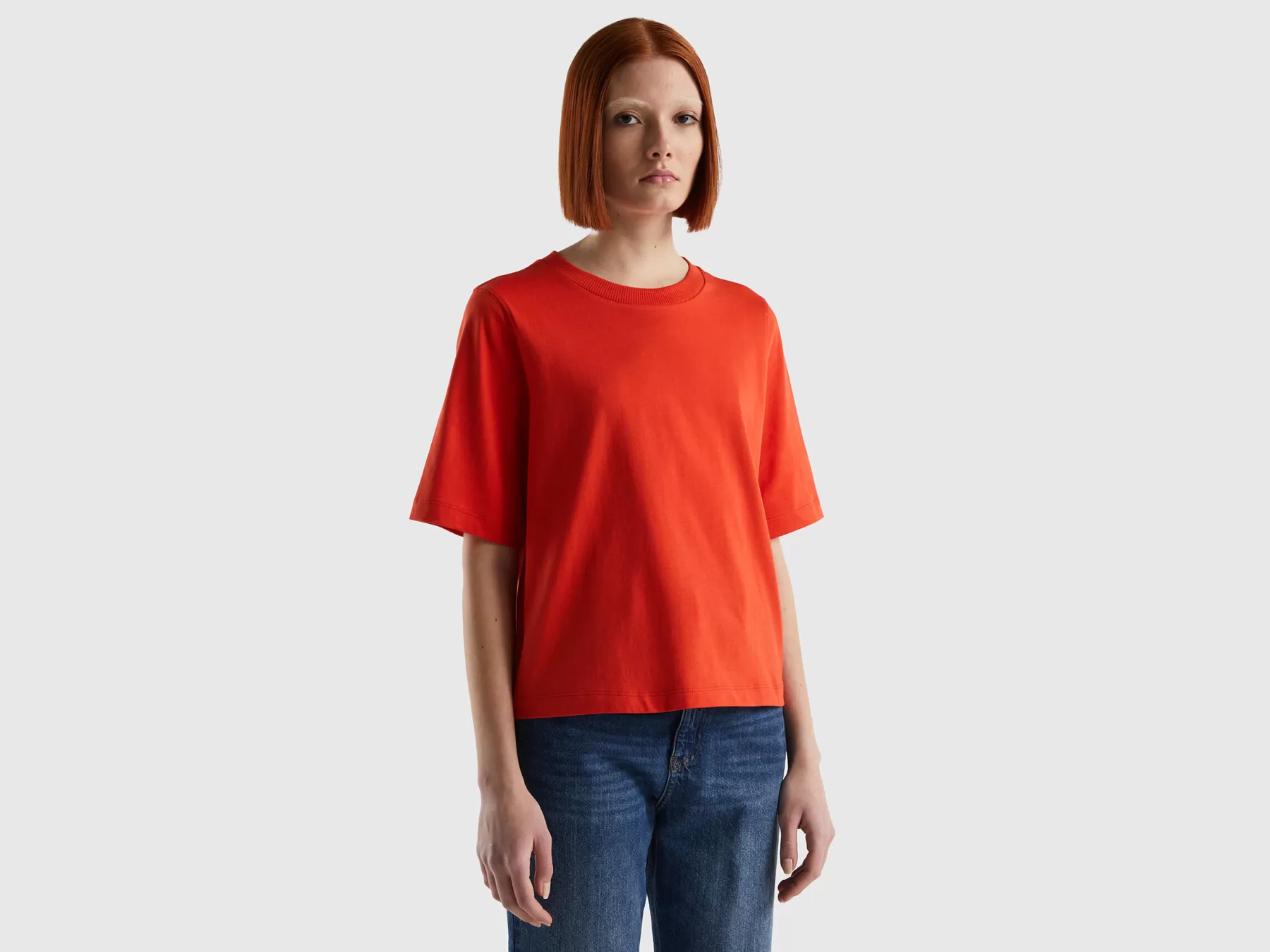 Benetton T-Shirt Boxy Fit 100% Cotone Rosso Clearance