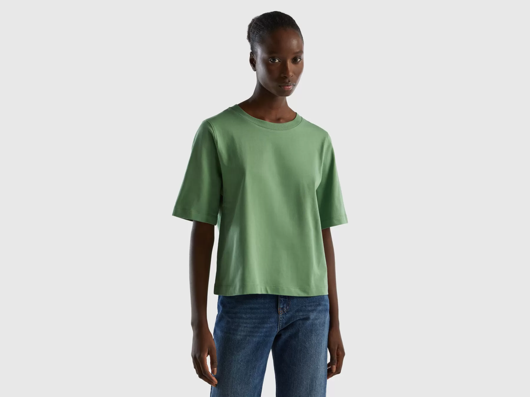 Benetton T-Shirt Boxy Fit 100% Cotone Verde Clearance