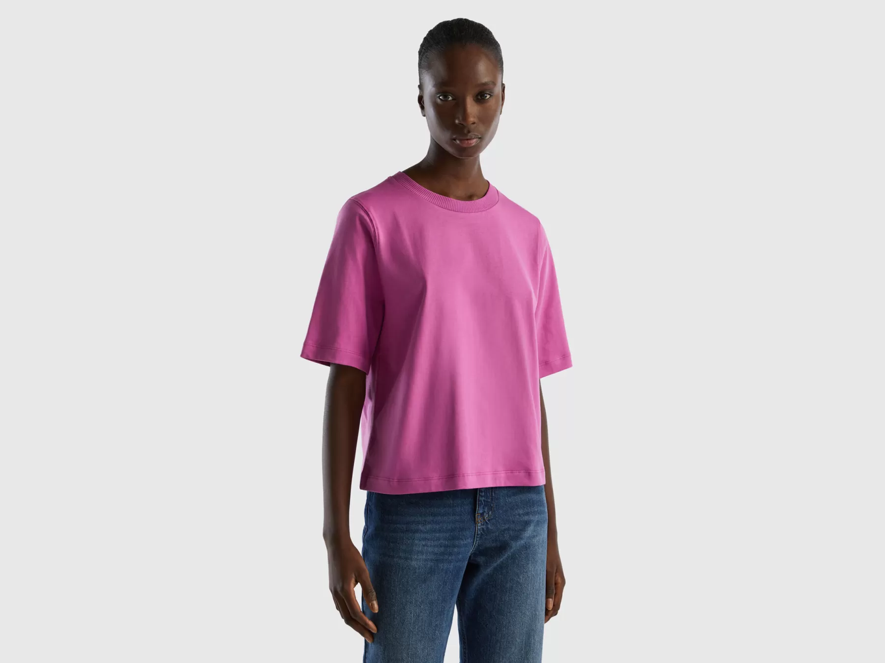 Benetton T-Shirt Boxy Fit 100% Cotone Rosa New