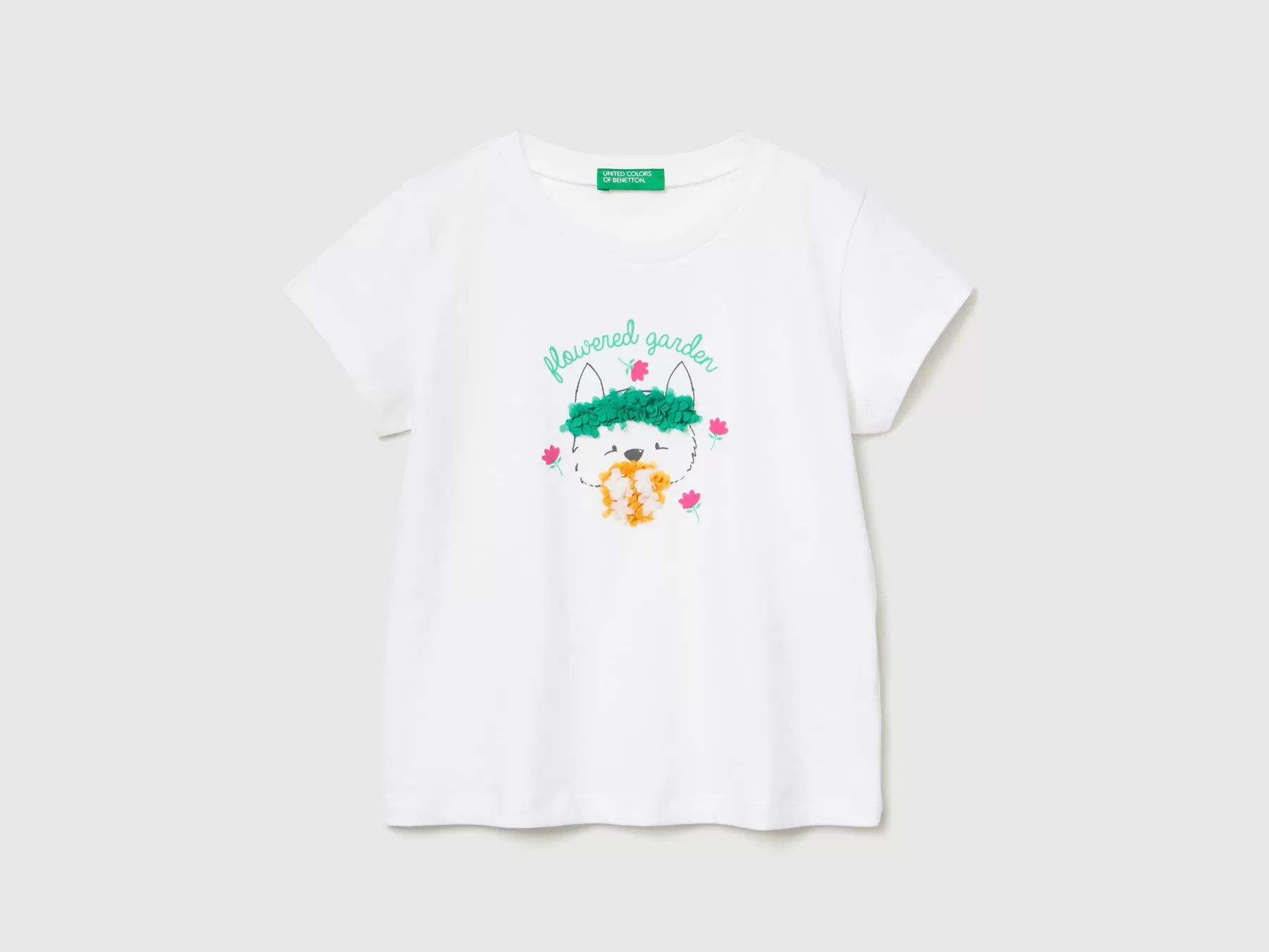 Benetton T-Shirt Con Applicazione Effetto Petali Bianco New