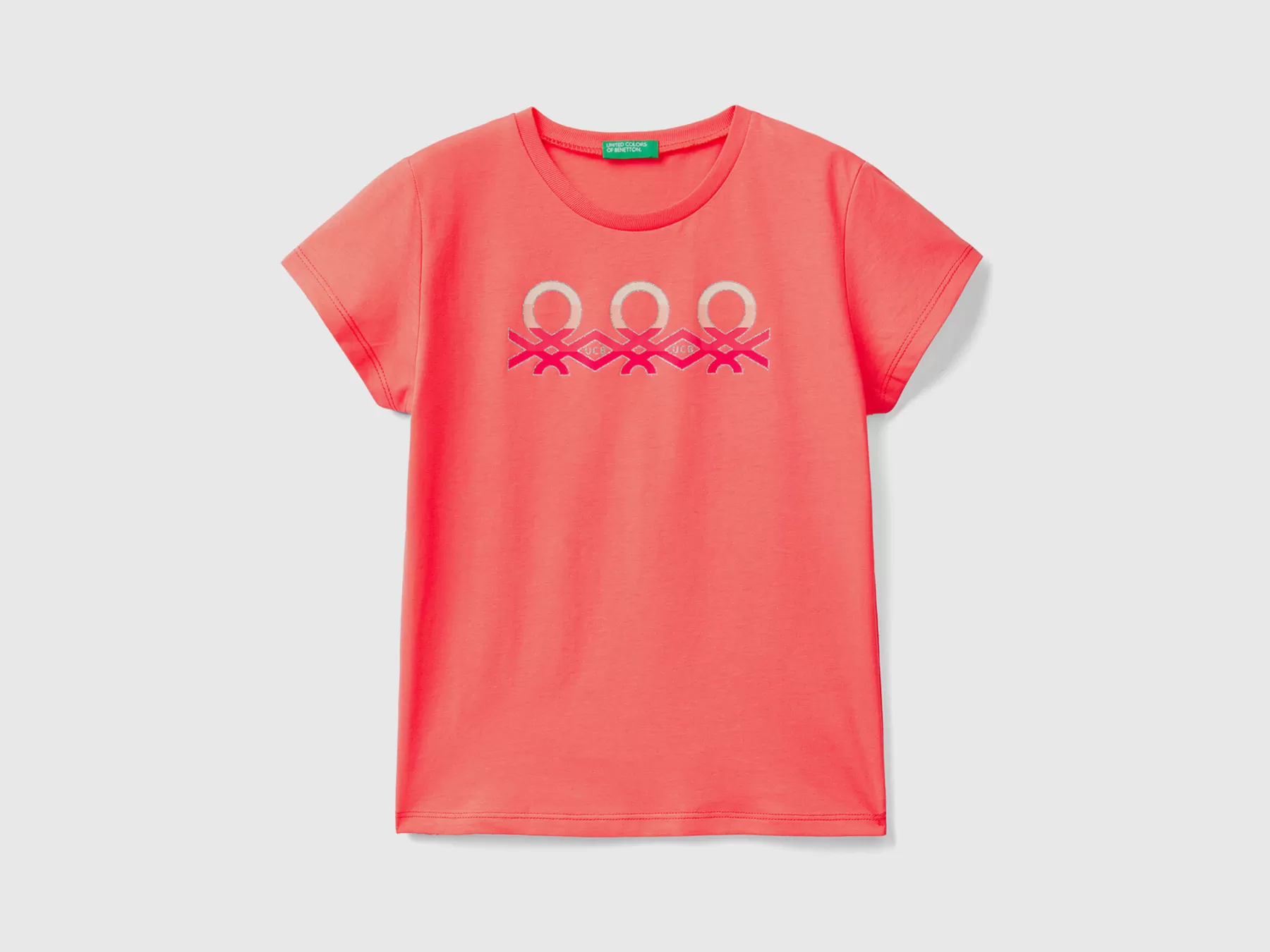 Benetton T-Shirt Con Logo Glitter In Cotone Bio Arancione Corallo Outlet