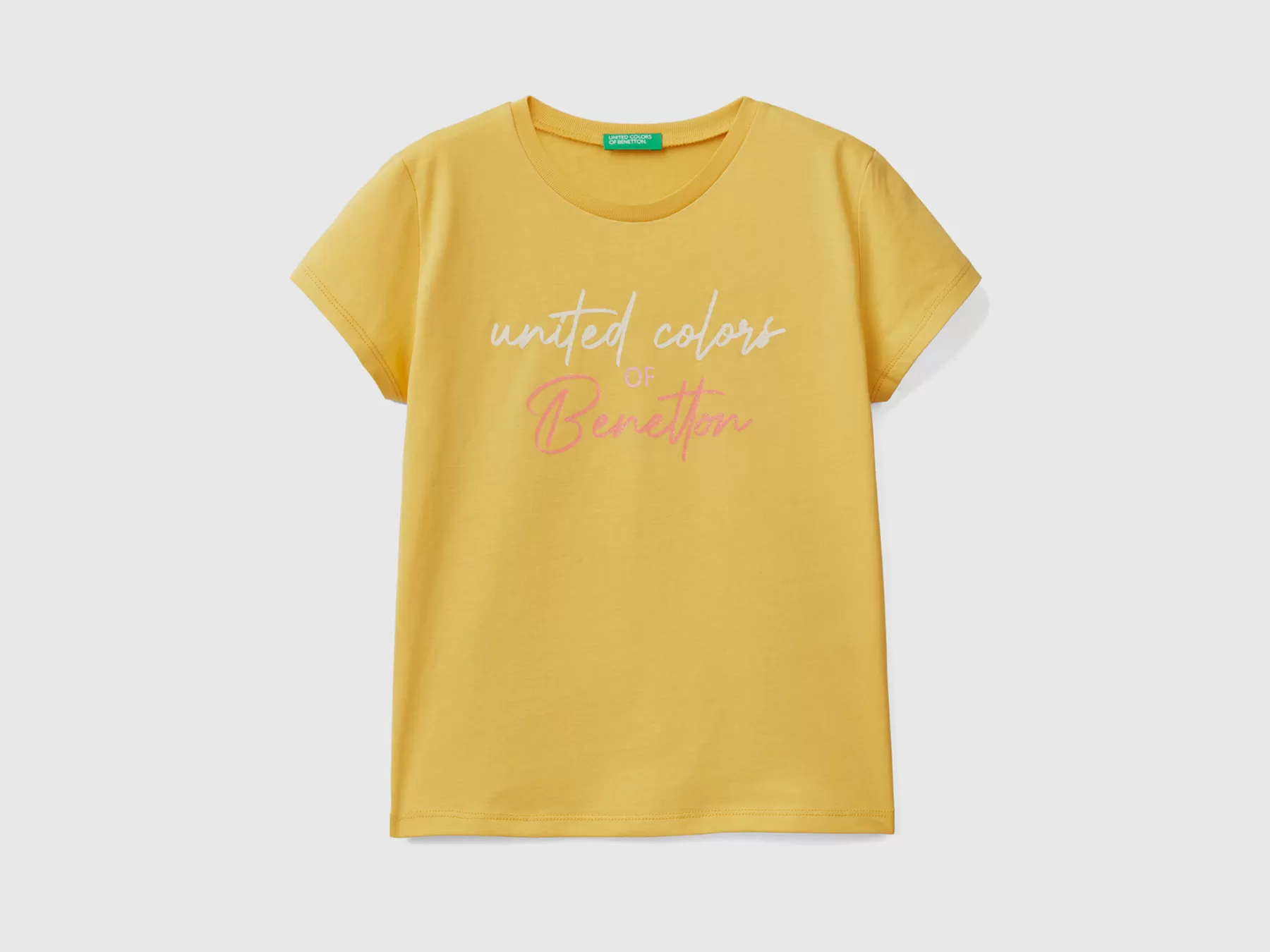 Benetton T-Shirt Con Logo Glitter In Cotone Bio Giallo Hot