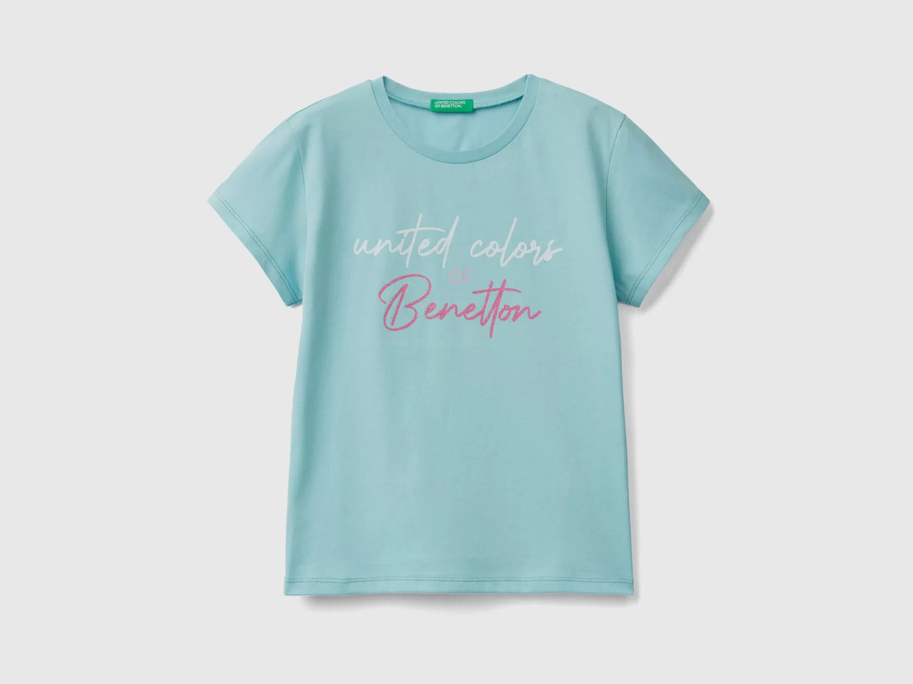 Benetton T-Shirt Con Logo Glitter In Cotone Bio Verde Acqua Cheap