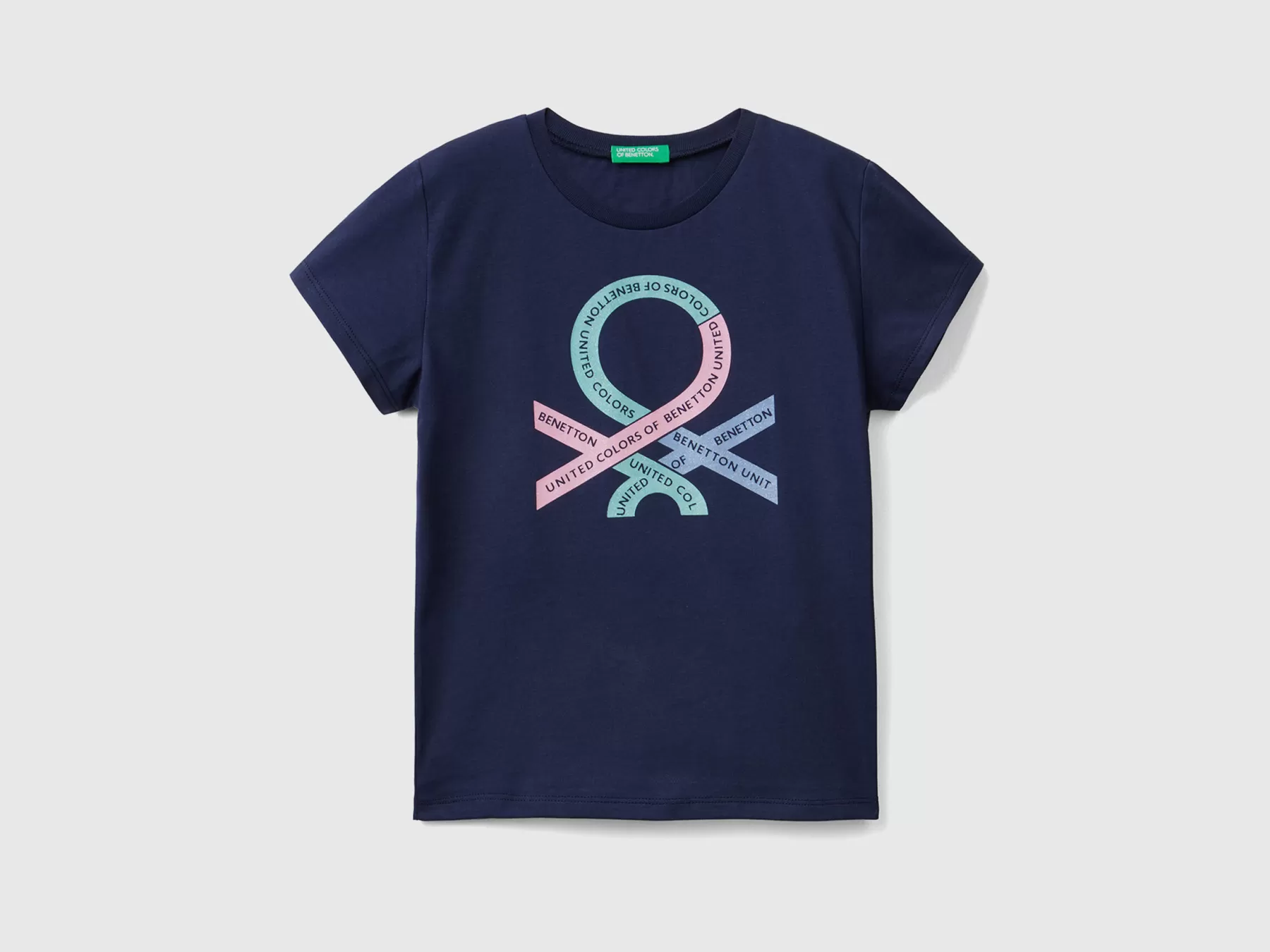 Benetton T-Shirt Con Logo Glitter In Cotone Bio Blu Scuro Store