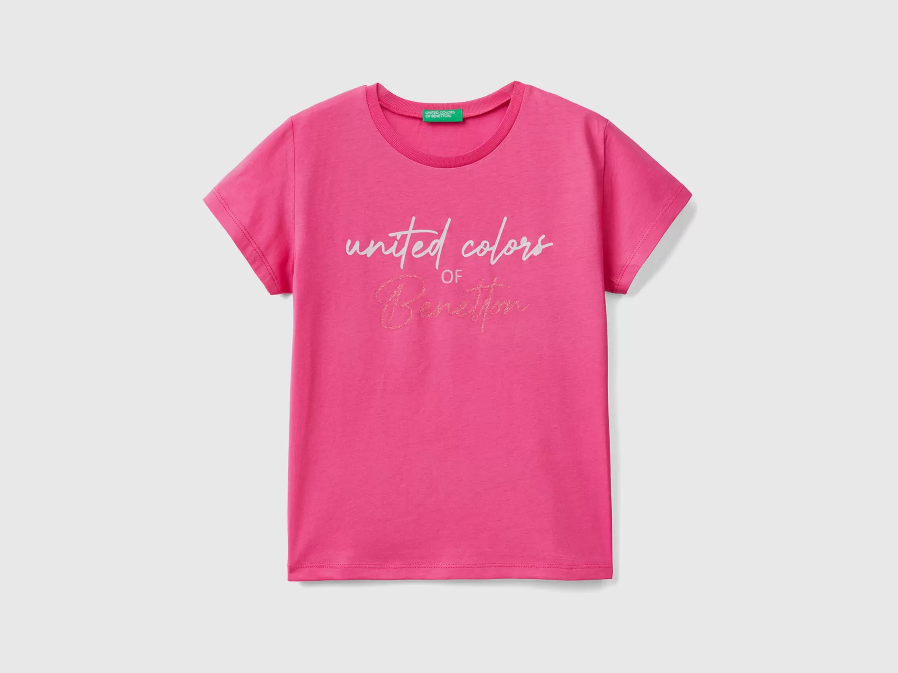 Benetton T-Shirt Con Logo Glitter In Cotone Bio Fucsia Outlet