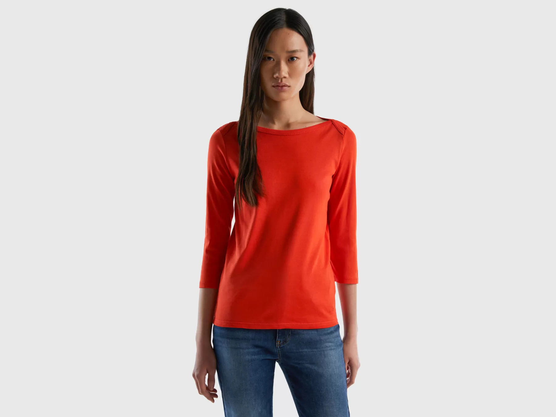 Benetton T-Shirt Con Scollo A Barchetta 100% Cotone Rosso Cheap