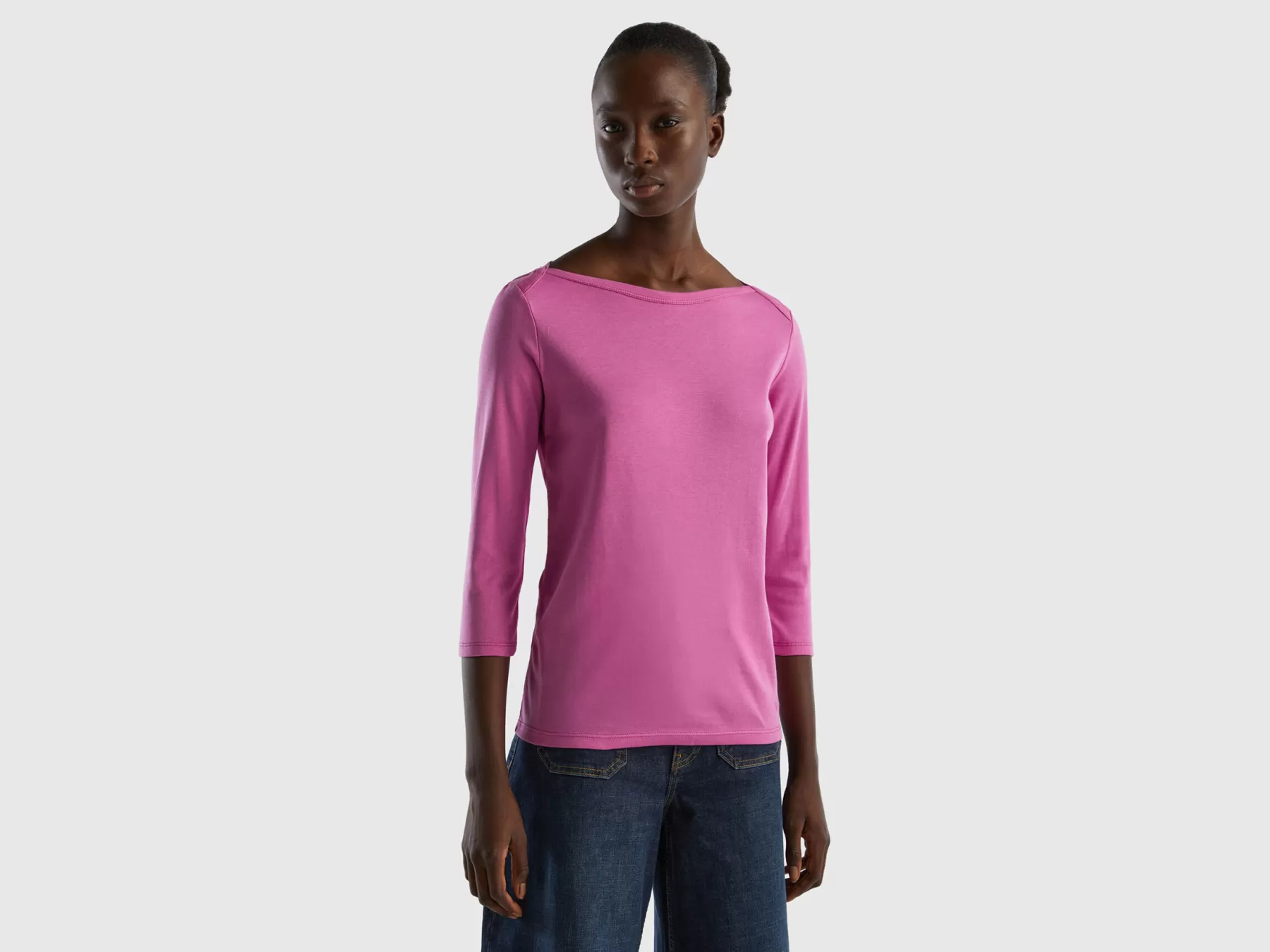 Benetton T-Shirt Con Scollo A Barchetta 100% Cotone Rosa Cheap